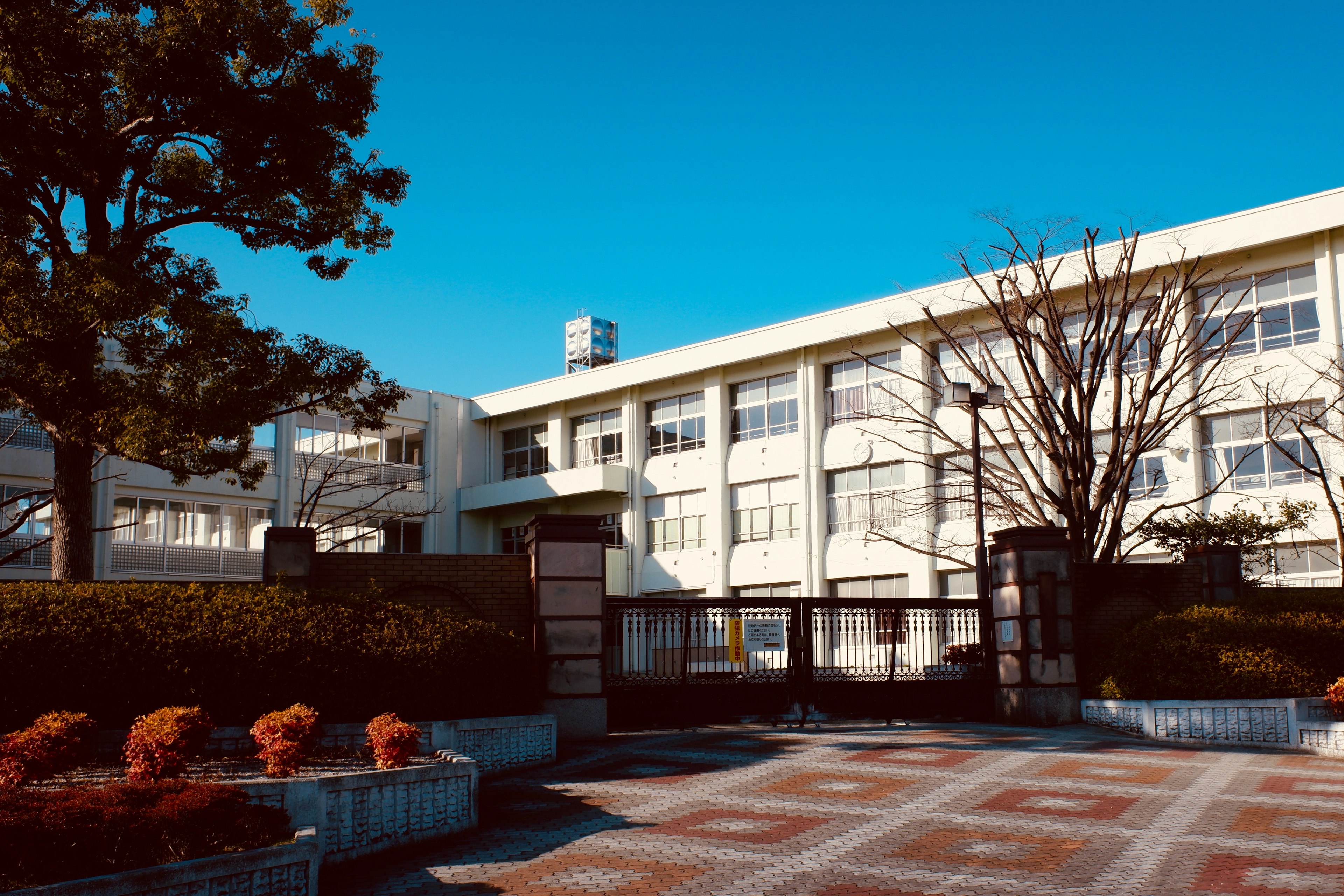 Bâtiment scolaire blanc sous un ciel bleu avec des arbres verts