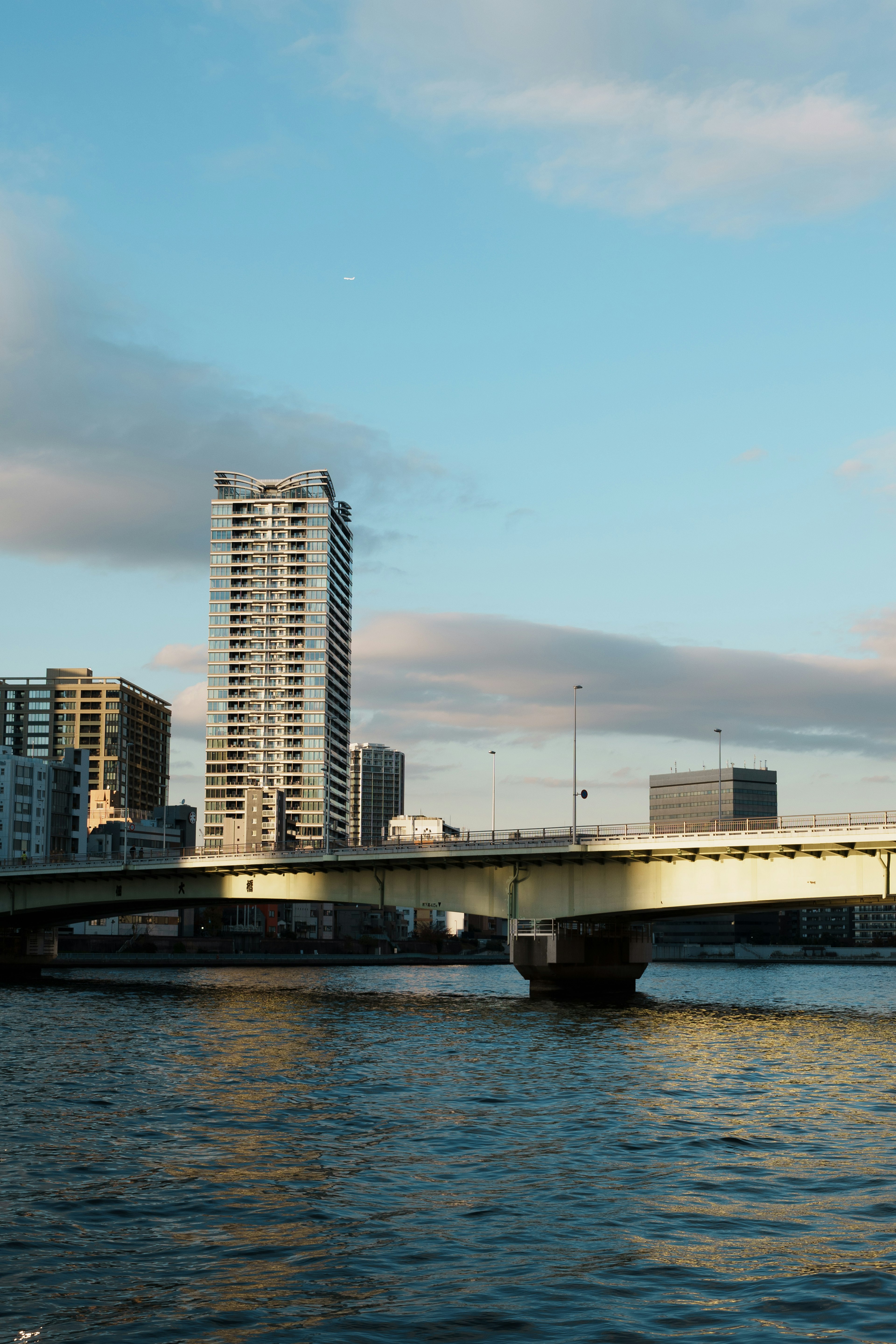 Vista de un puente sobre el agua con un edificio alto al fondo