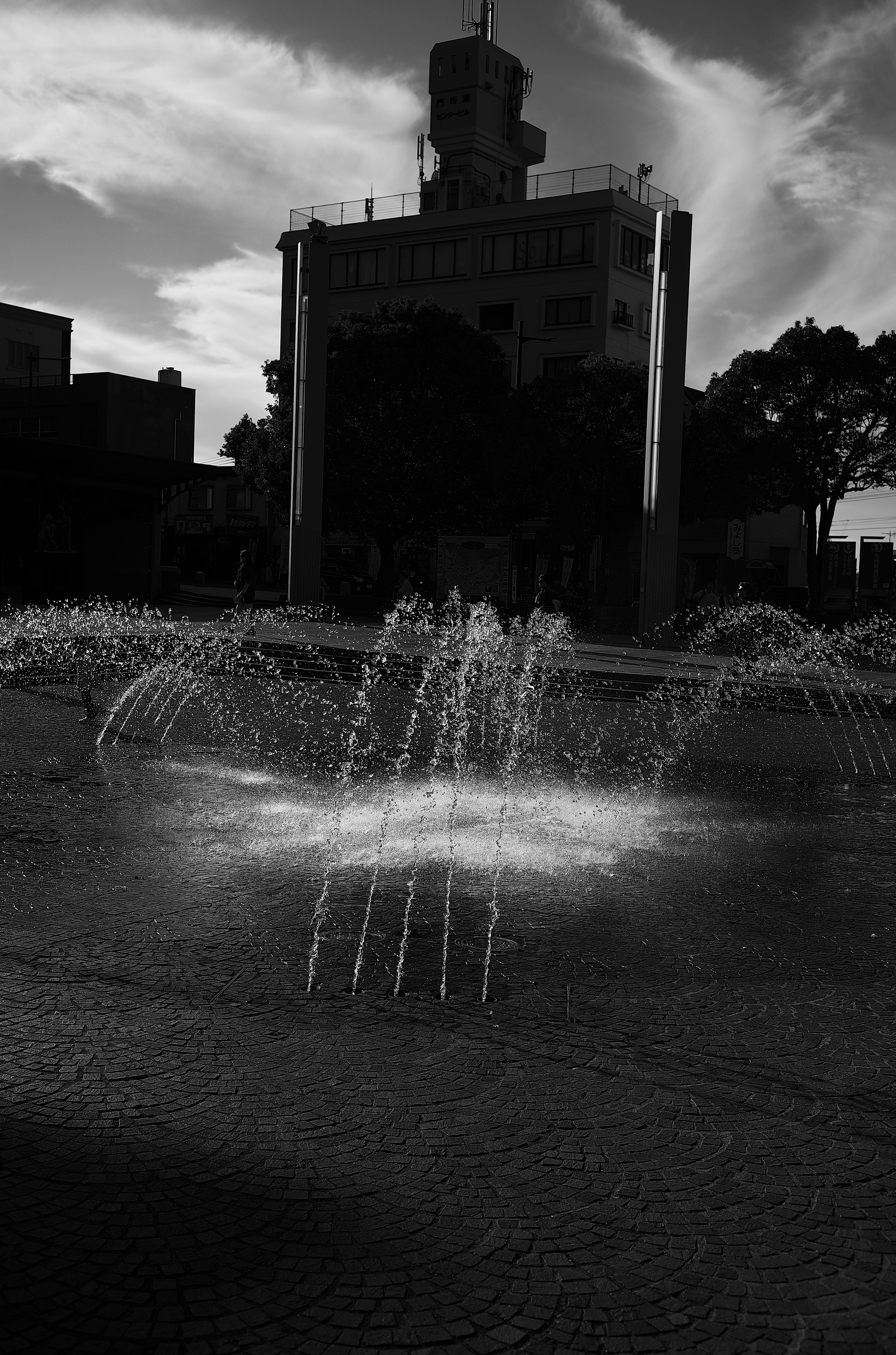 Image en noir et blanc d'une fontaine avec silhouette de bâtiment