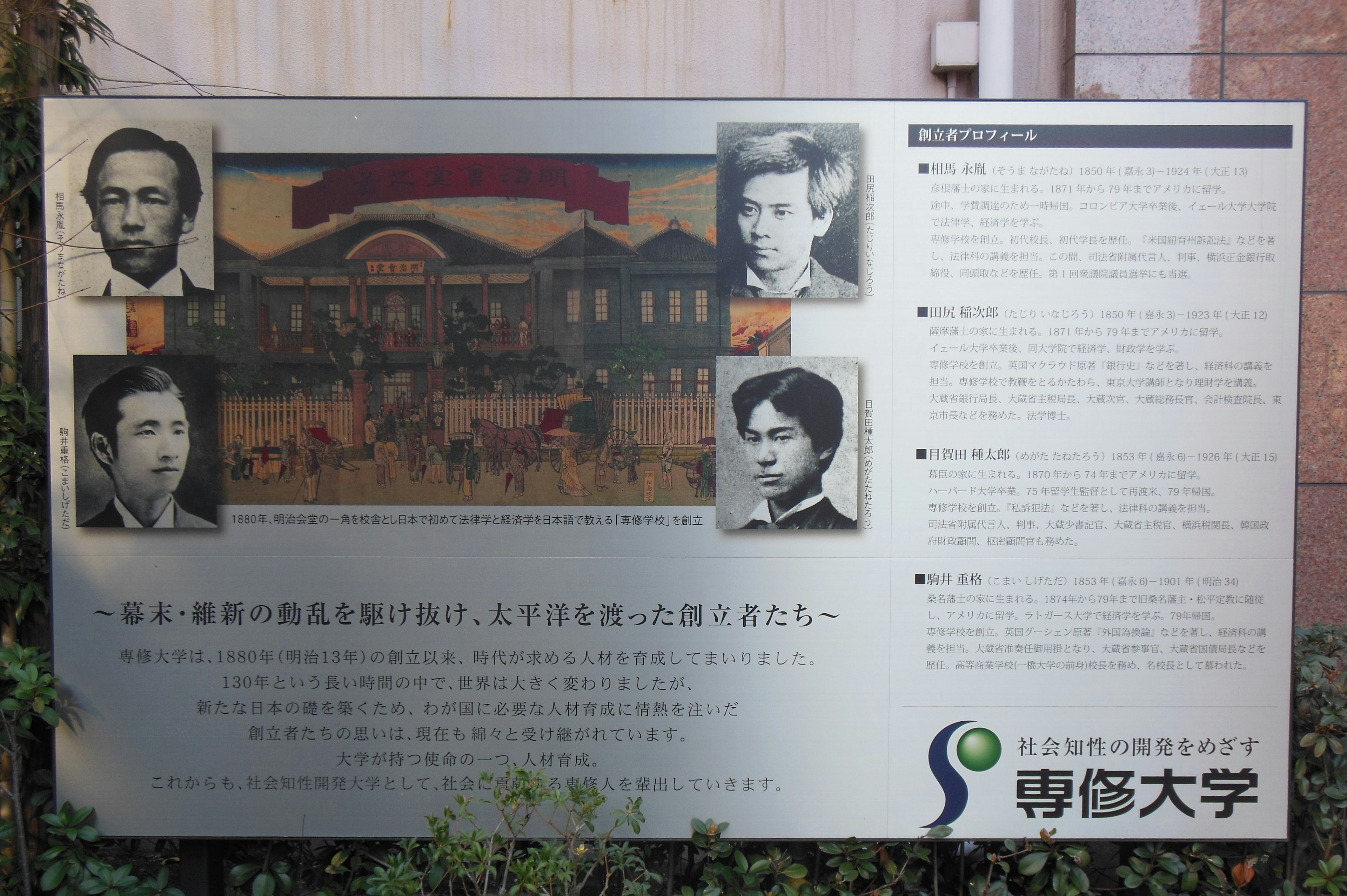 Historical sign featuring portrait images of notable figures and an illustration of a university building