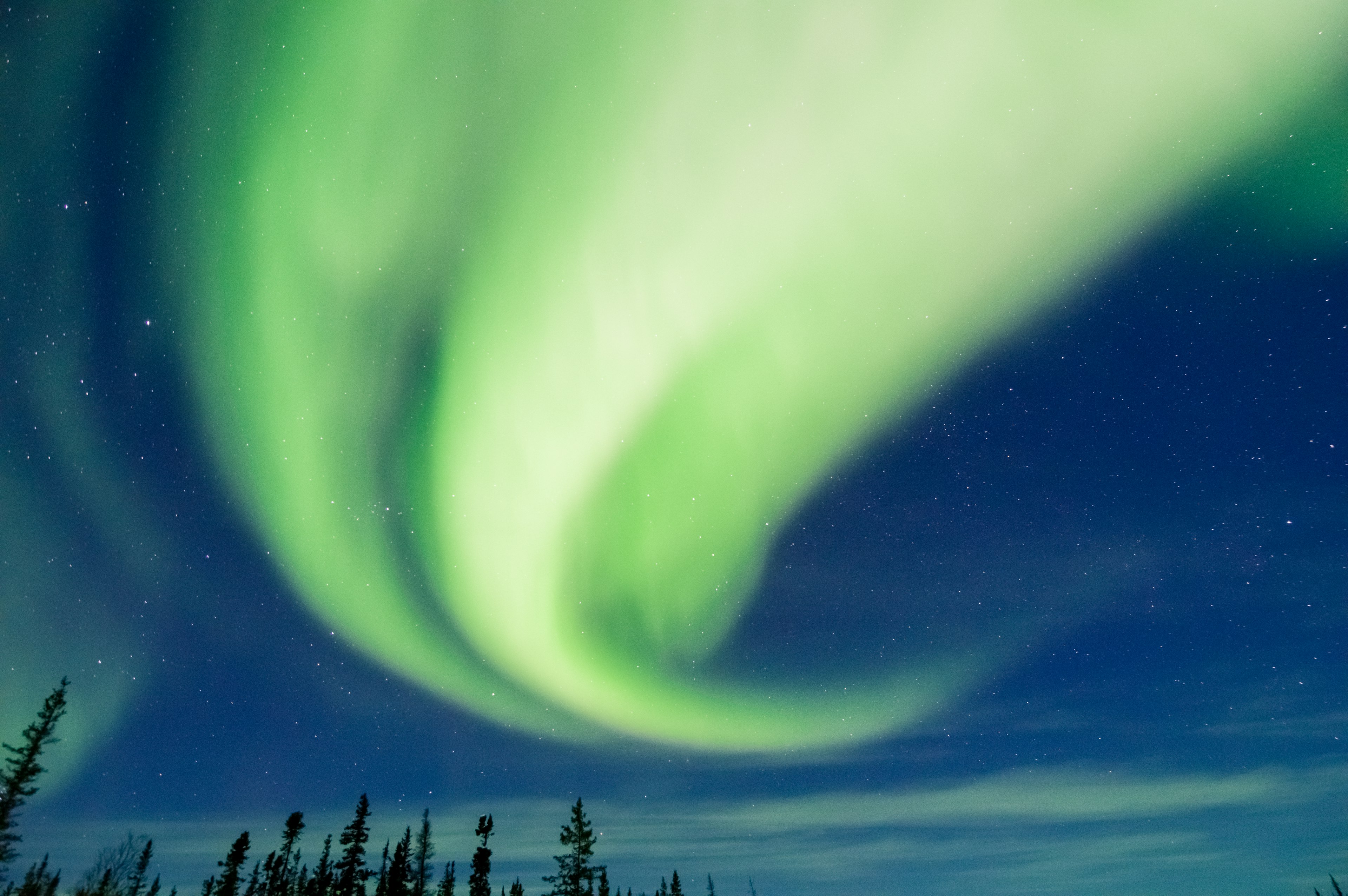 Stunning aurora lights swirling in the night sky with vibrant green hues