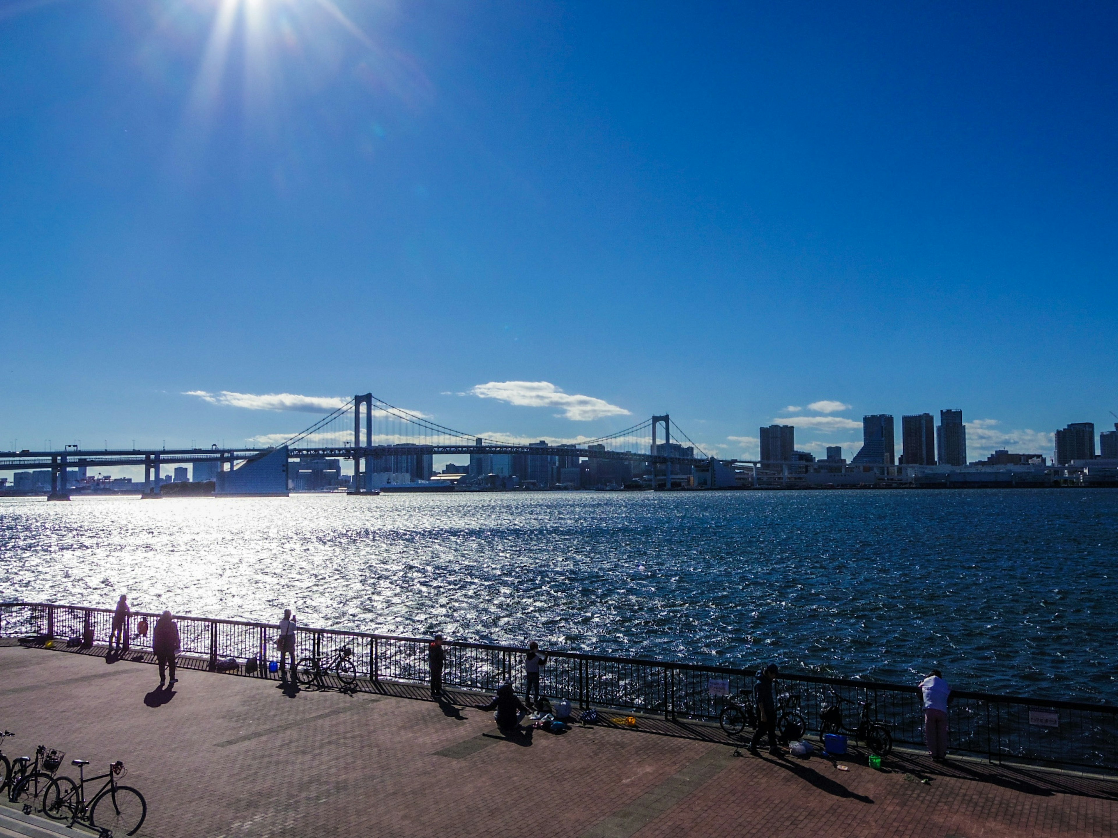 Scenic view of the sea and city skyline under a clear blue sky