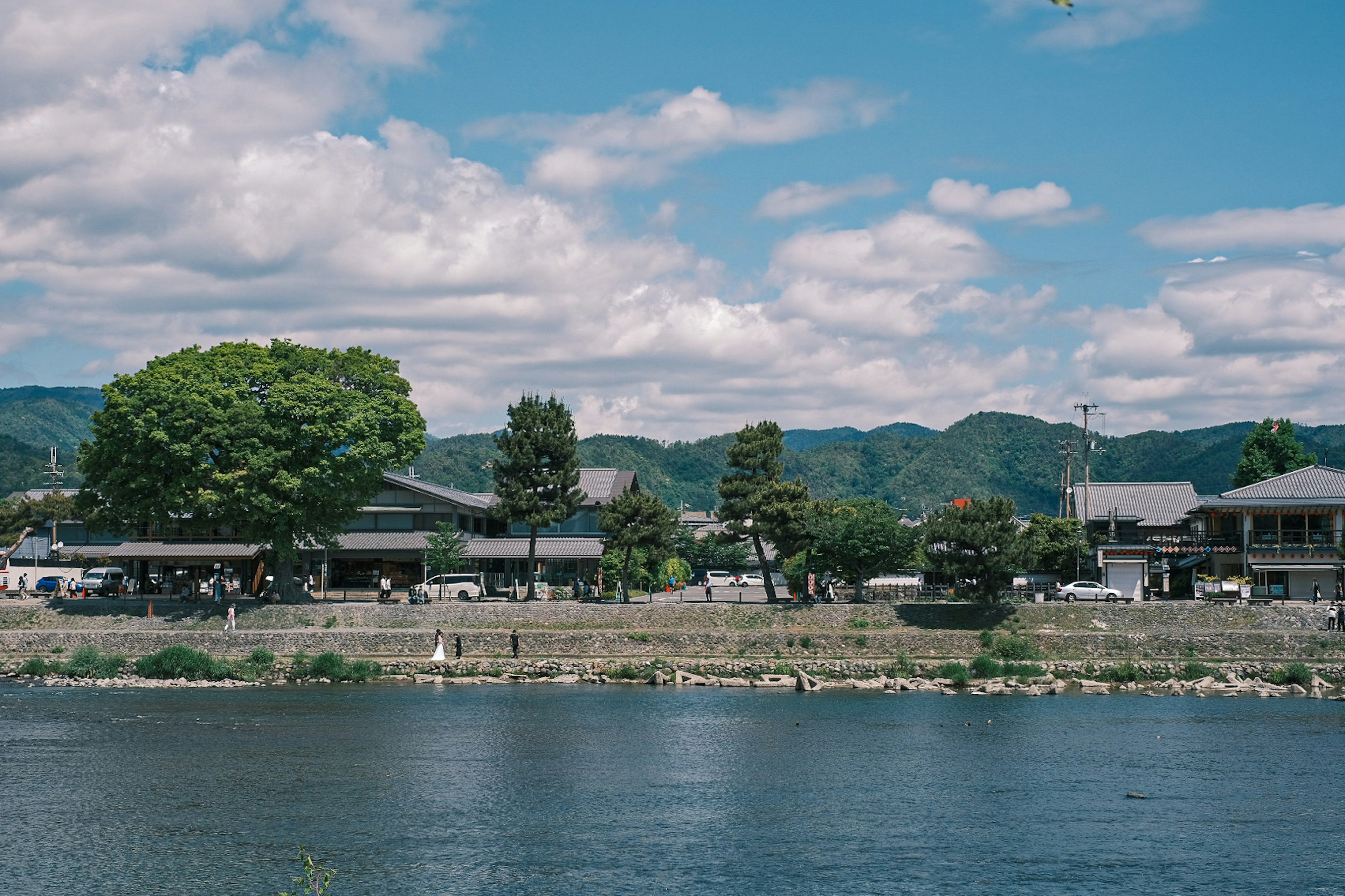 川の近くにある伝統的な日本家屋と緑豊かな木々