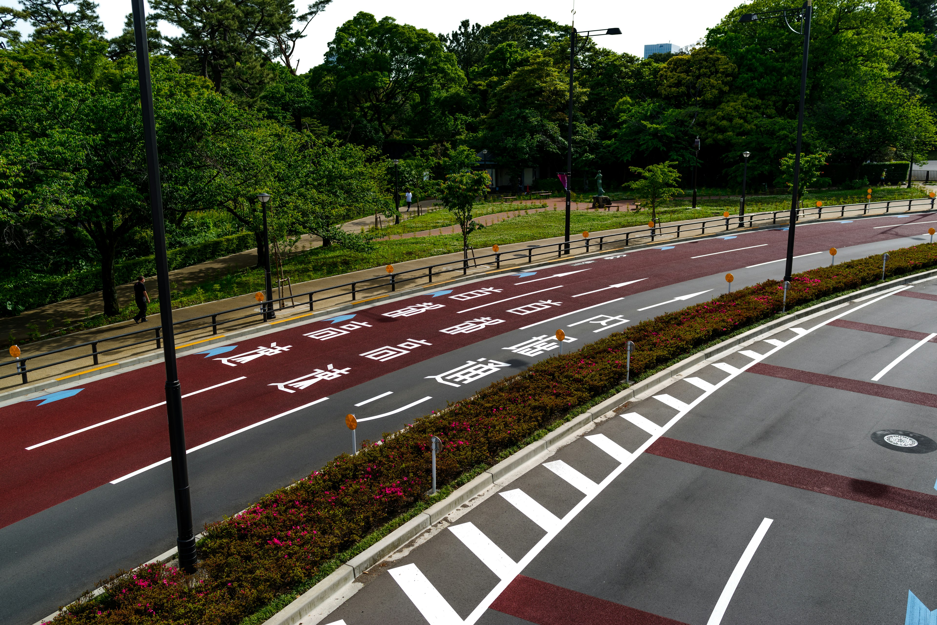 赤い舗装の道路と緑の木々が並ぶ公園の風景