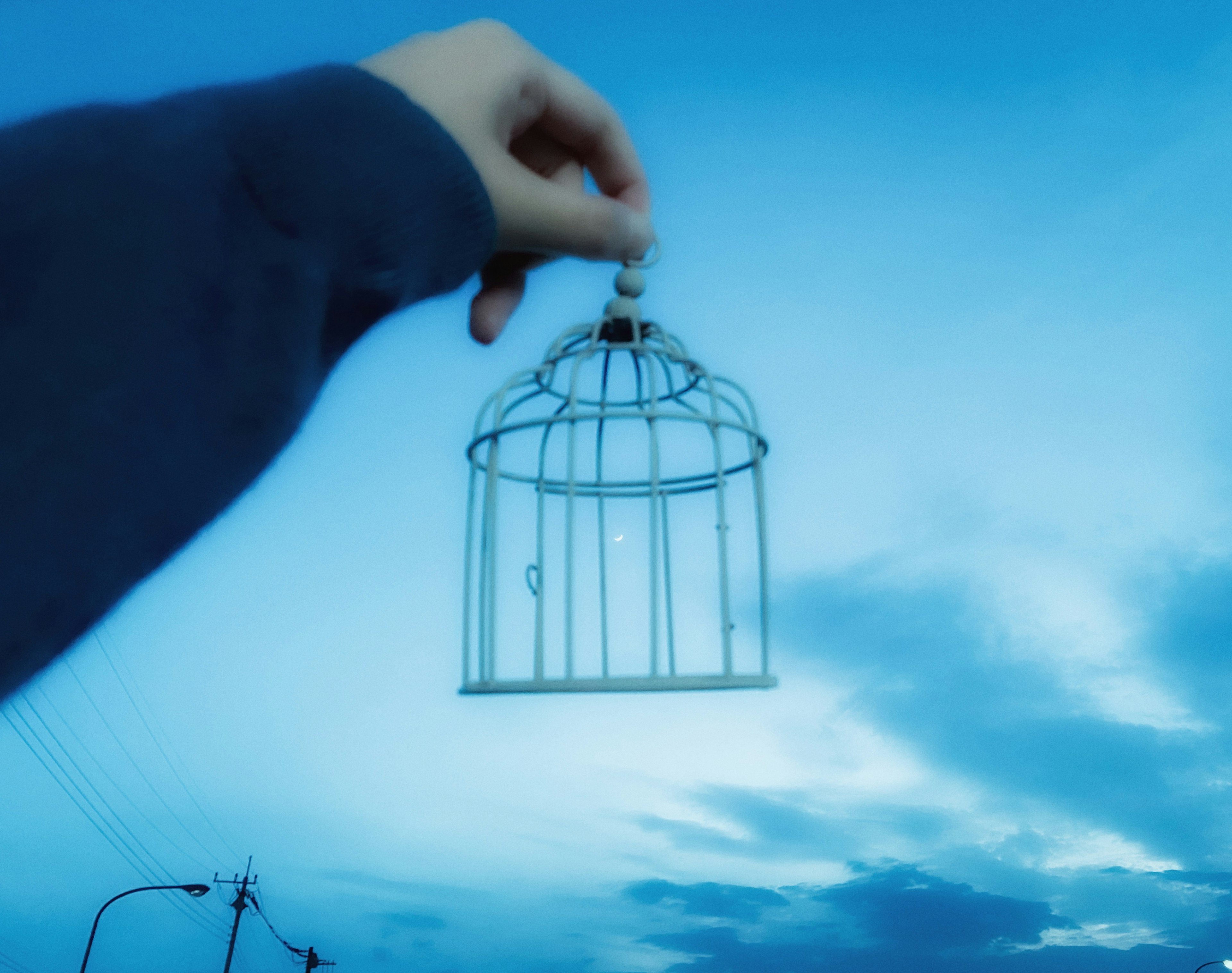 Une cage à oiseaux blanche tenue dans une main contre un ciel bleu