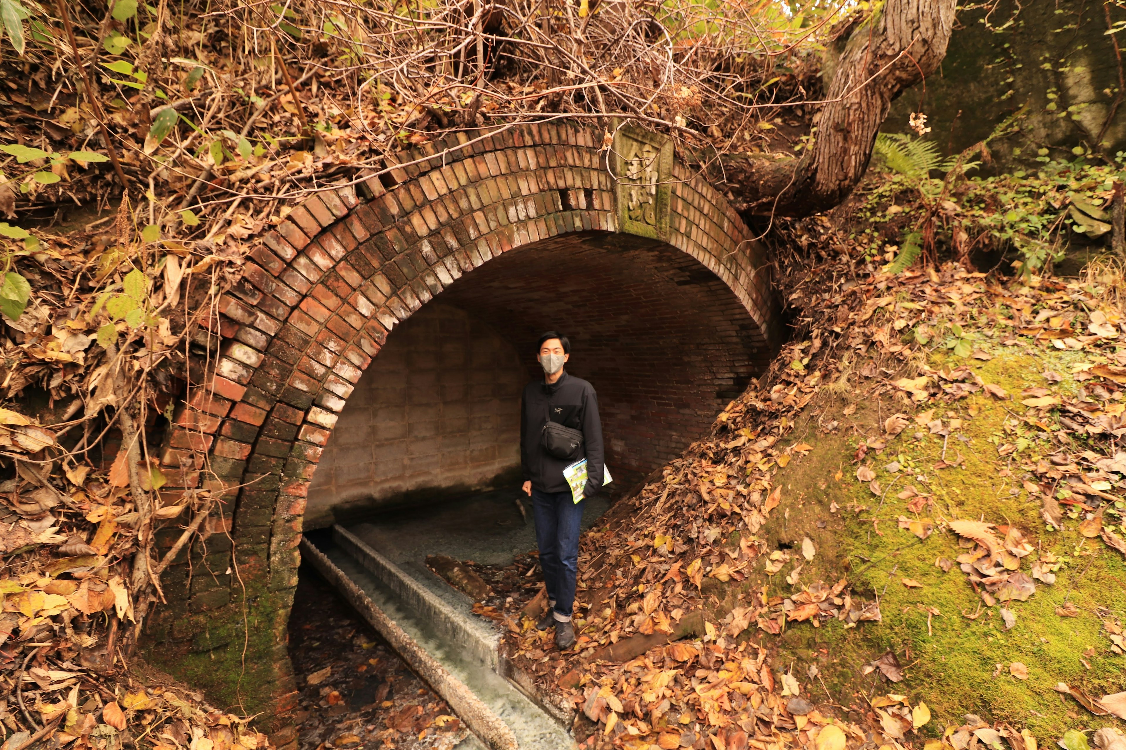 Una persona in piedi davanti a un vecchio tunnel ad arco di mattoni circondato da foglie cadute