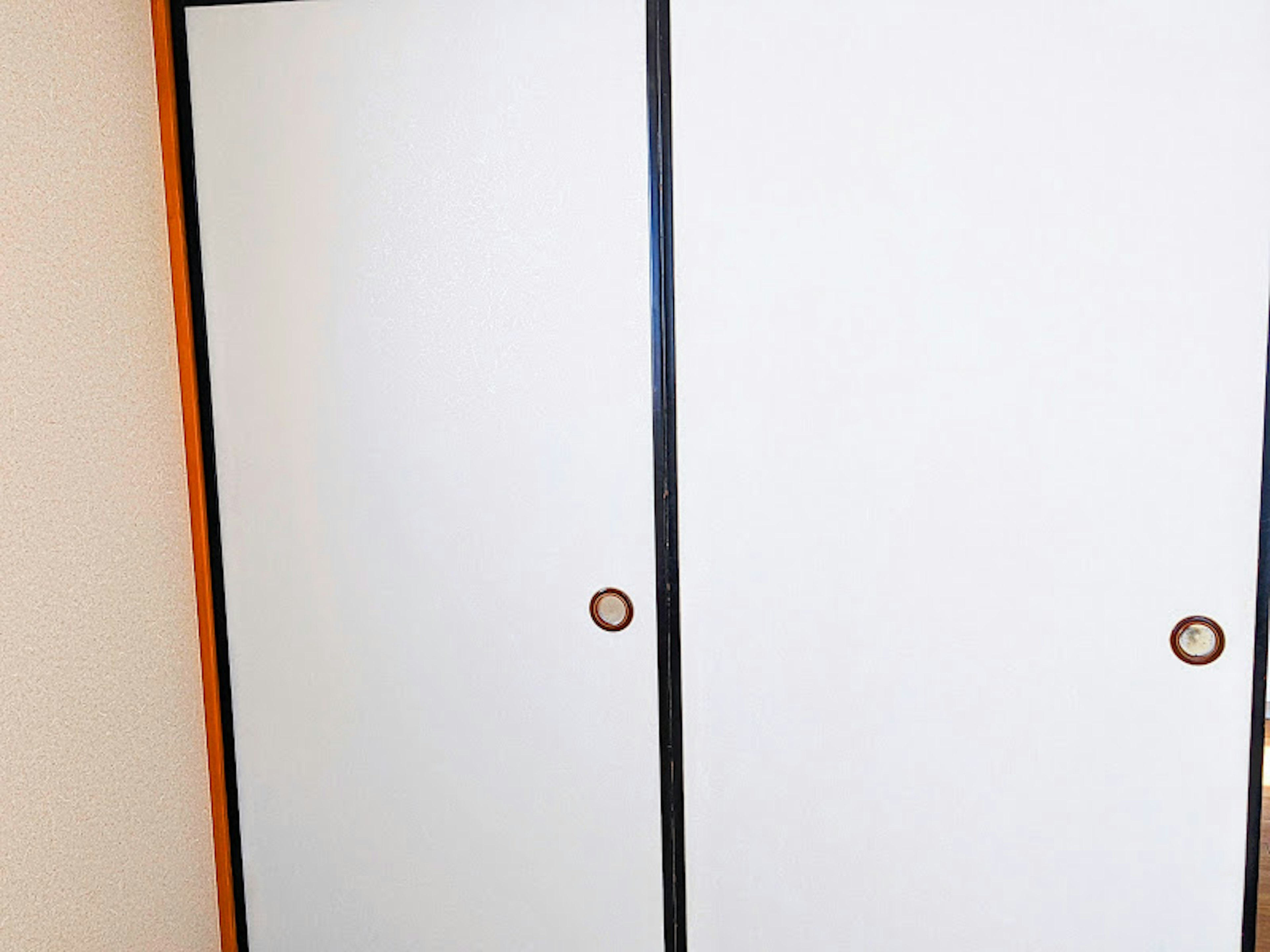 Image of a white sliding closet door with black trim and round handle