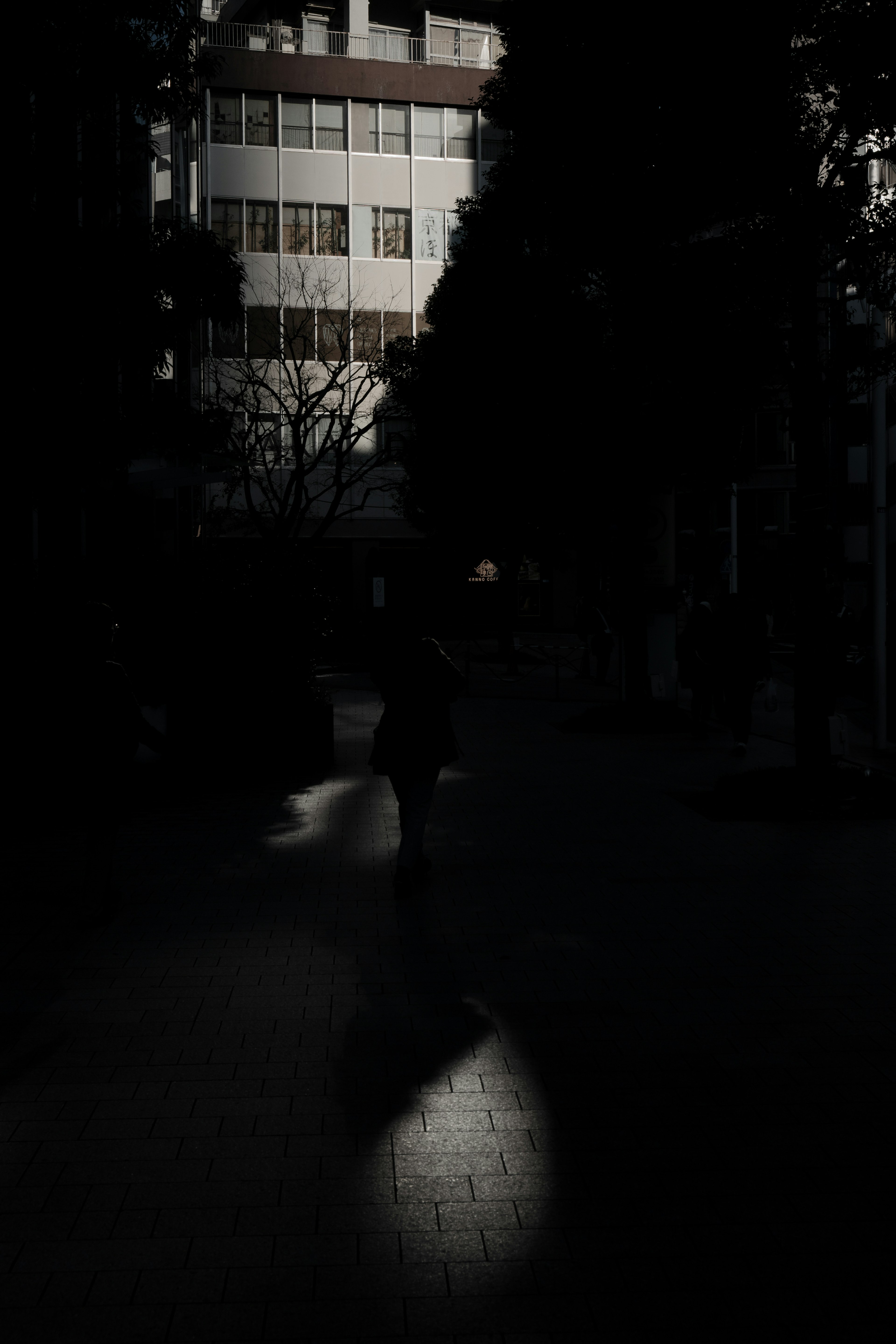 Una calle poco iluminada que presenta un edificio y una figura sombría