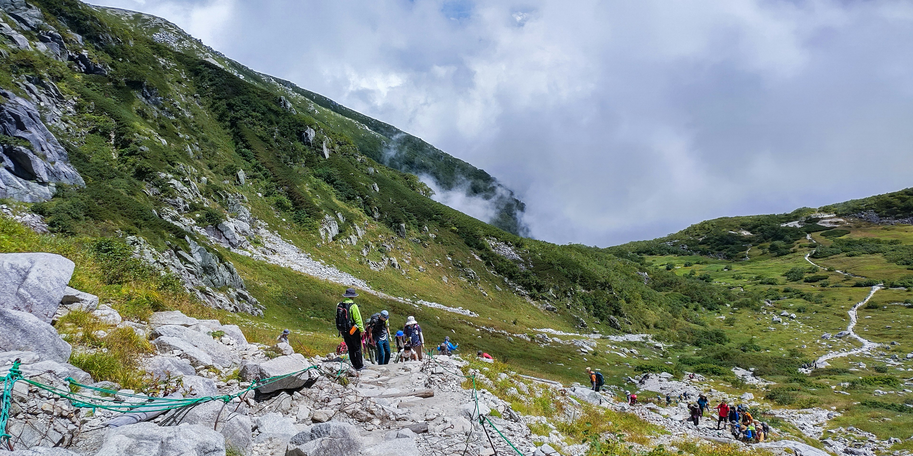 Senderistas subiendo un camino montañoso rocoso con un paisaje escénico y cielo nublado