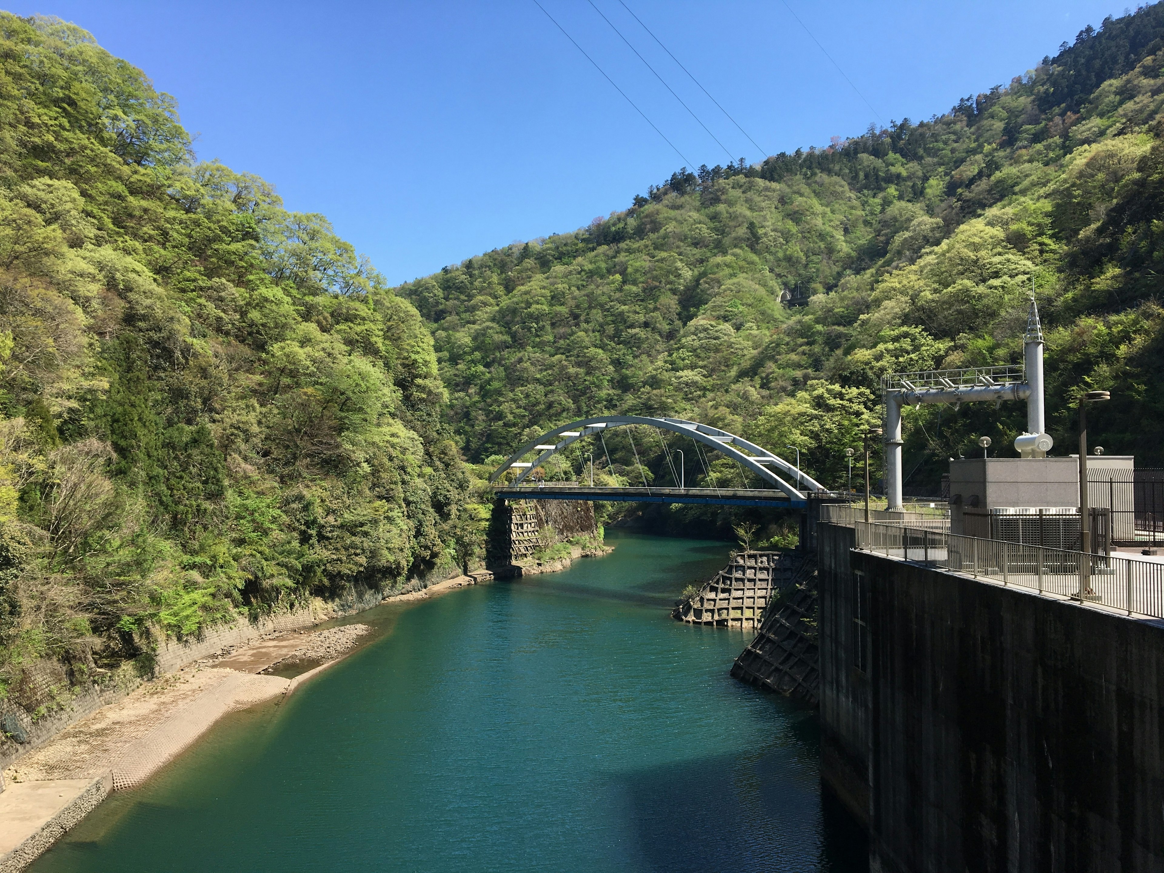 美しい緑に囲まれた川とアーチ型の橋が見える風景