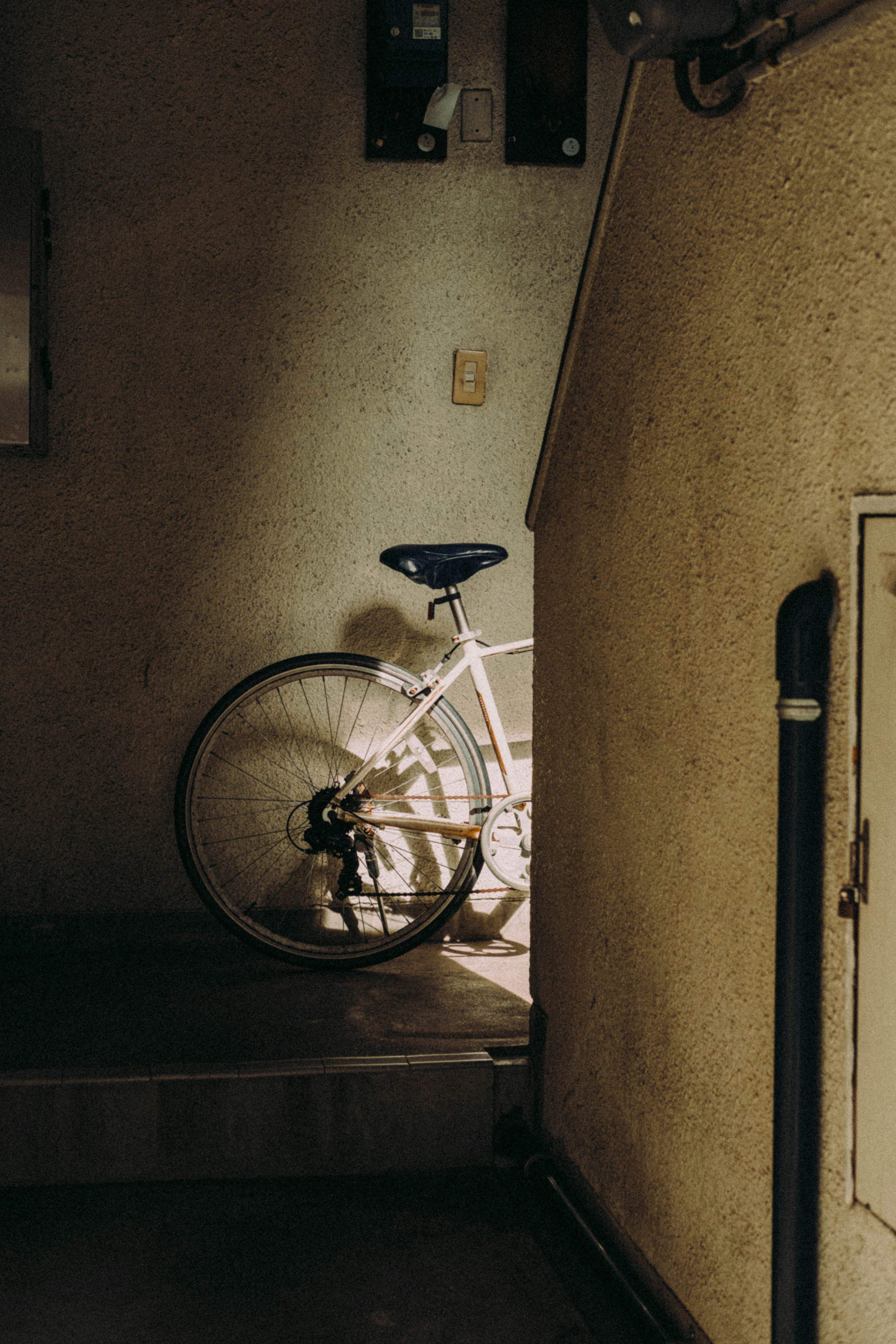 Una vista laterale di una bicicletta bianca posizionata in un angolo di una scala