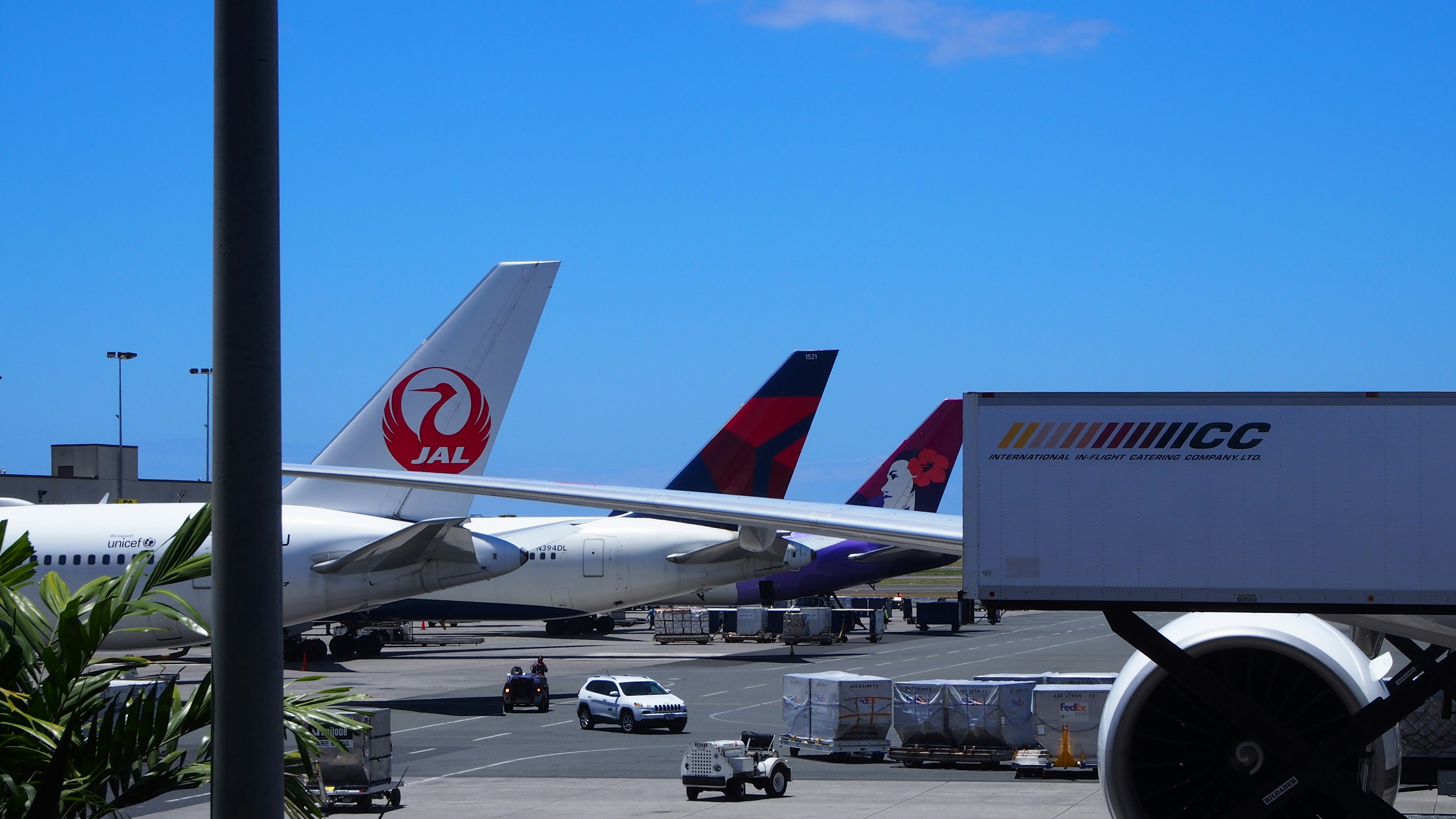 空港の滑走路で並ぶ航空機の後ろ姿と青い空