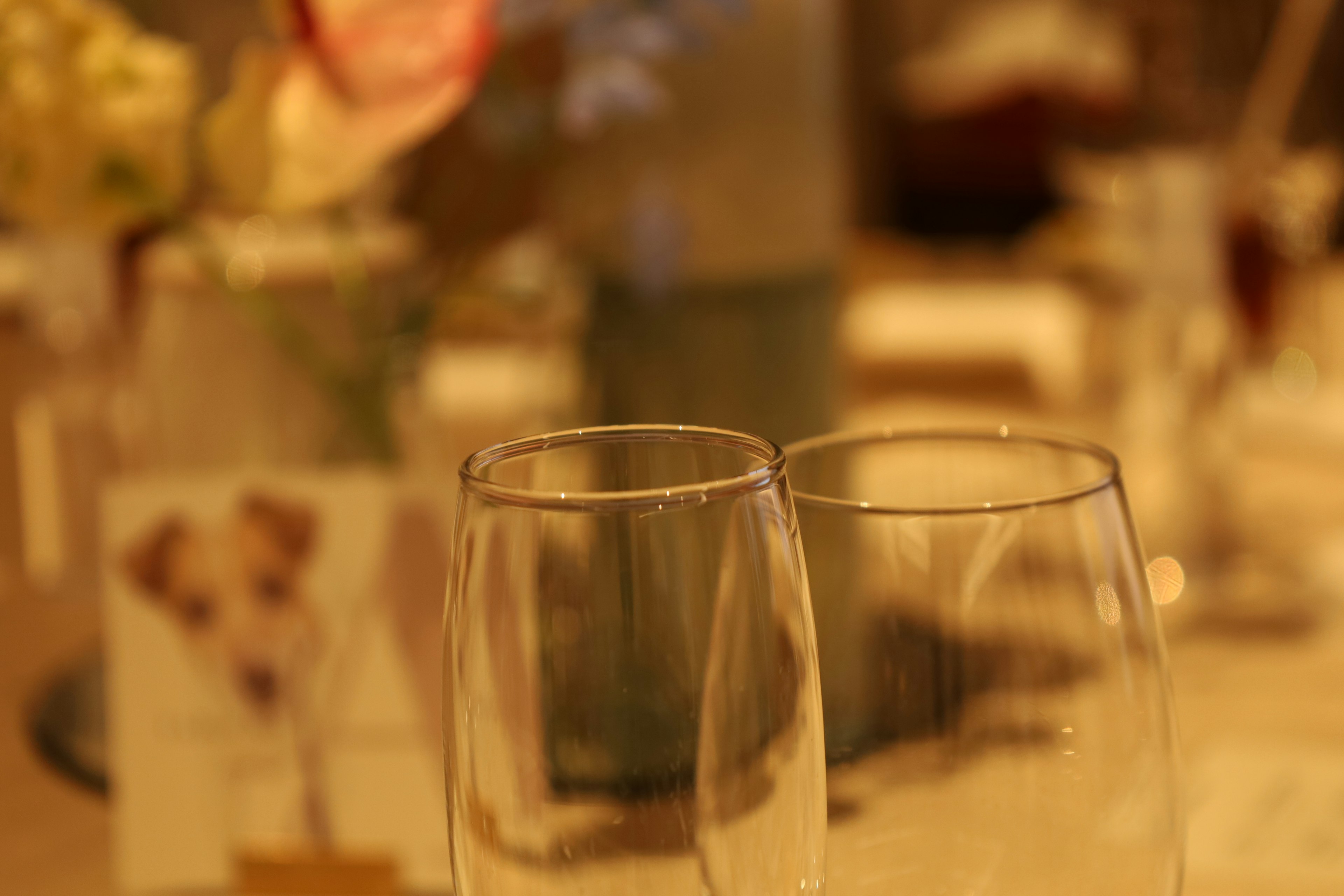 Two clear glasses positioned close together on a beautifully set table