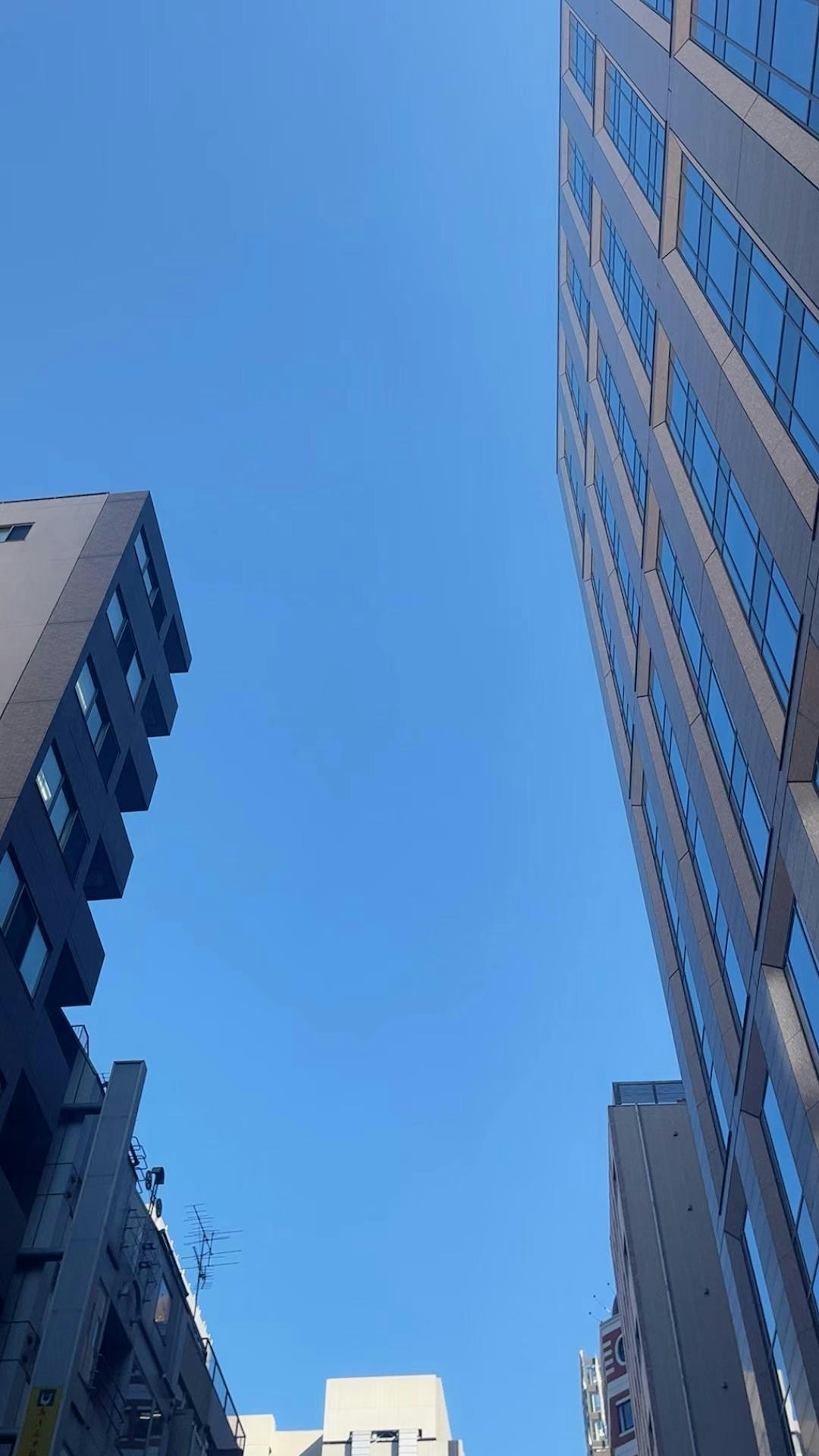 Pemandangan gedung tinggi dengan latar belakang langit biru yang cerah