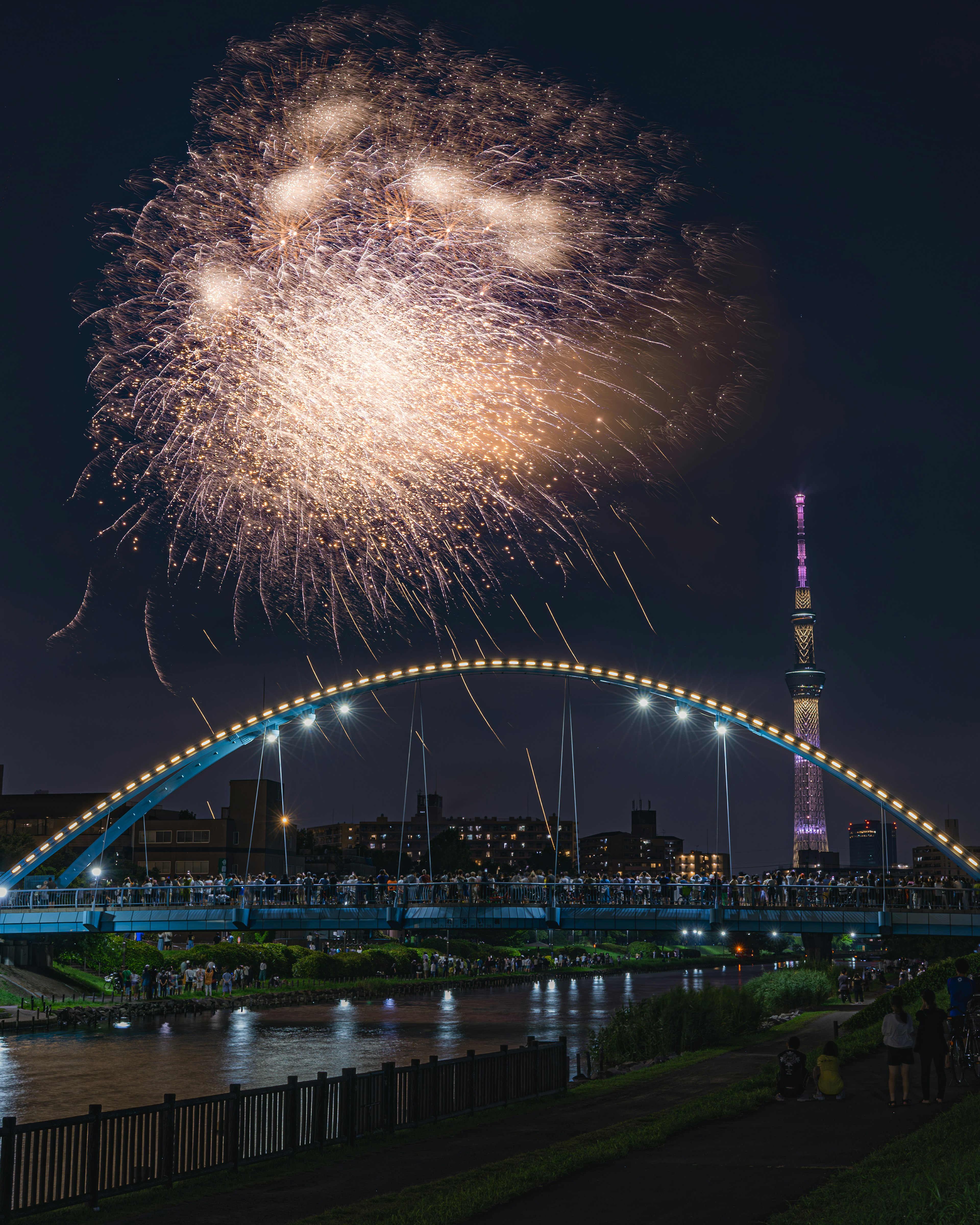 夜空中綻放的煙火與背景中的東京晴空塔的美麗拱形橋