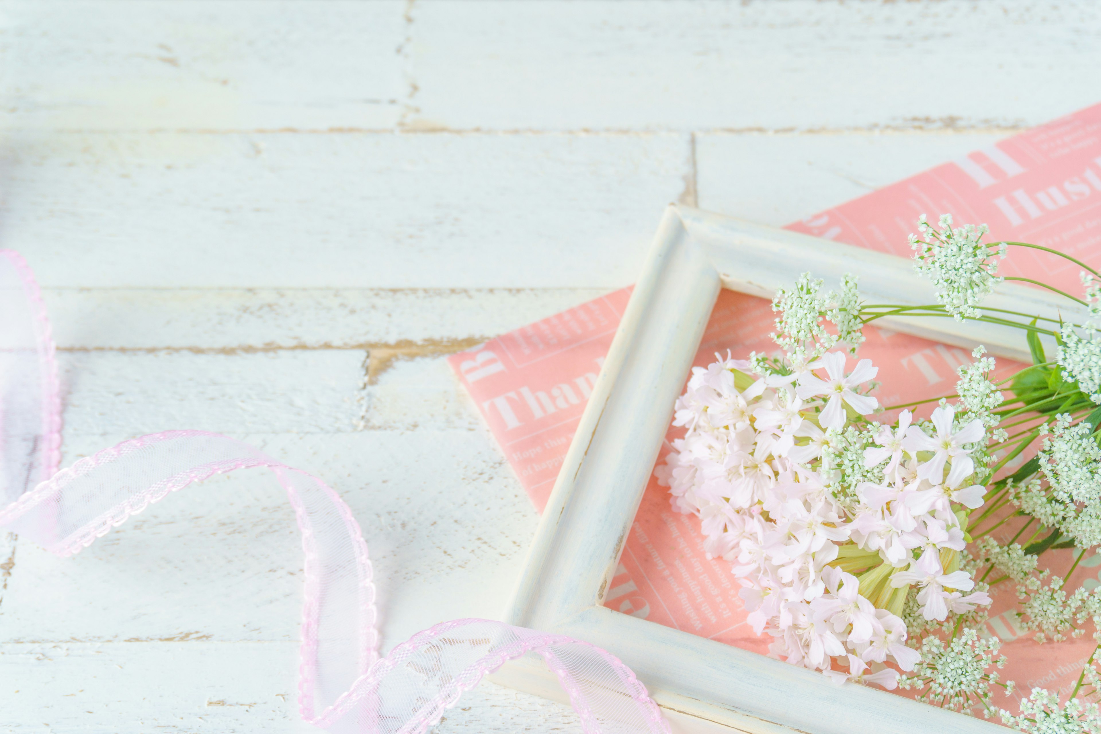 White frame with pink flowers and green leaves arranged on a soft background