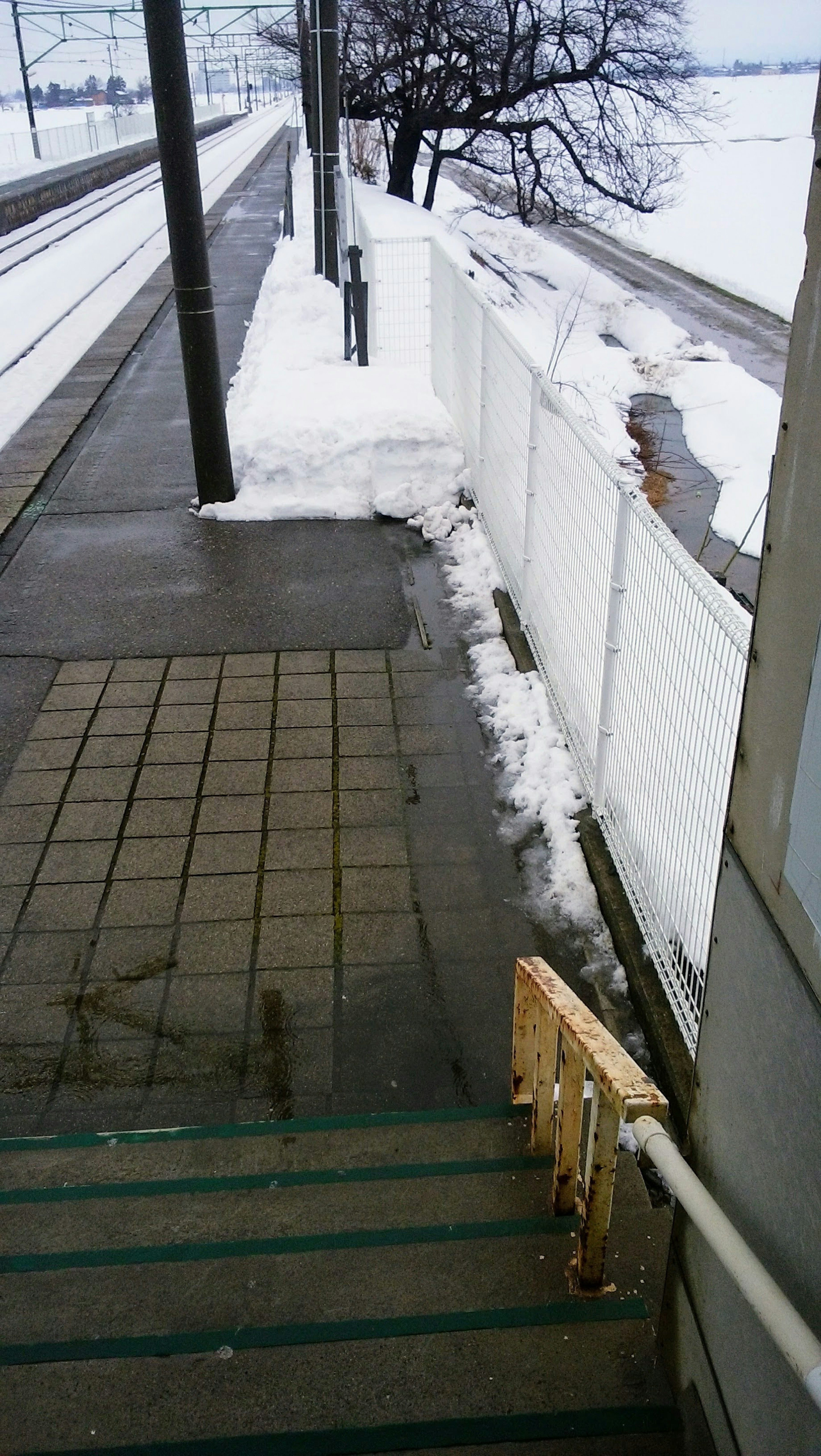 Acera y escaleras cubiertas de nieve con una cerca