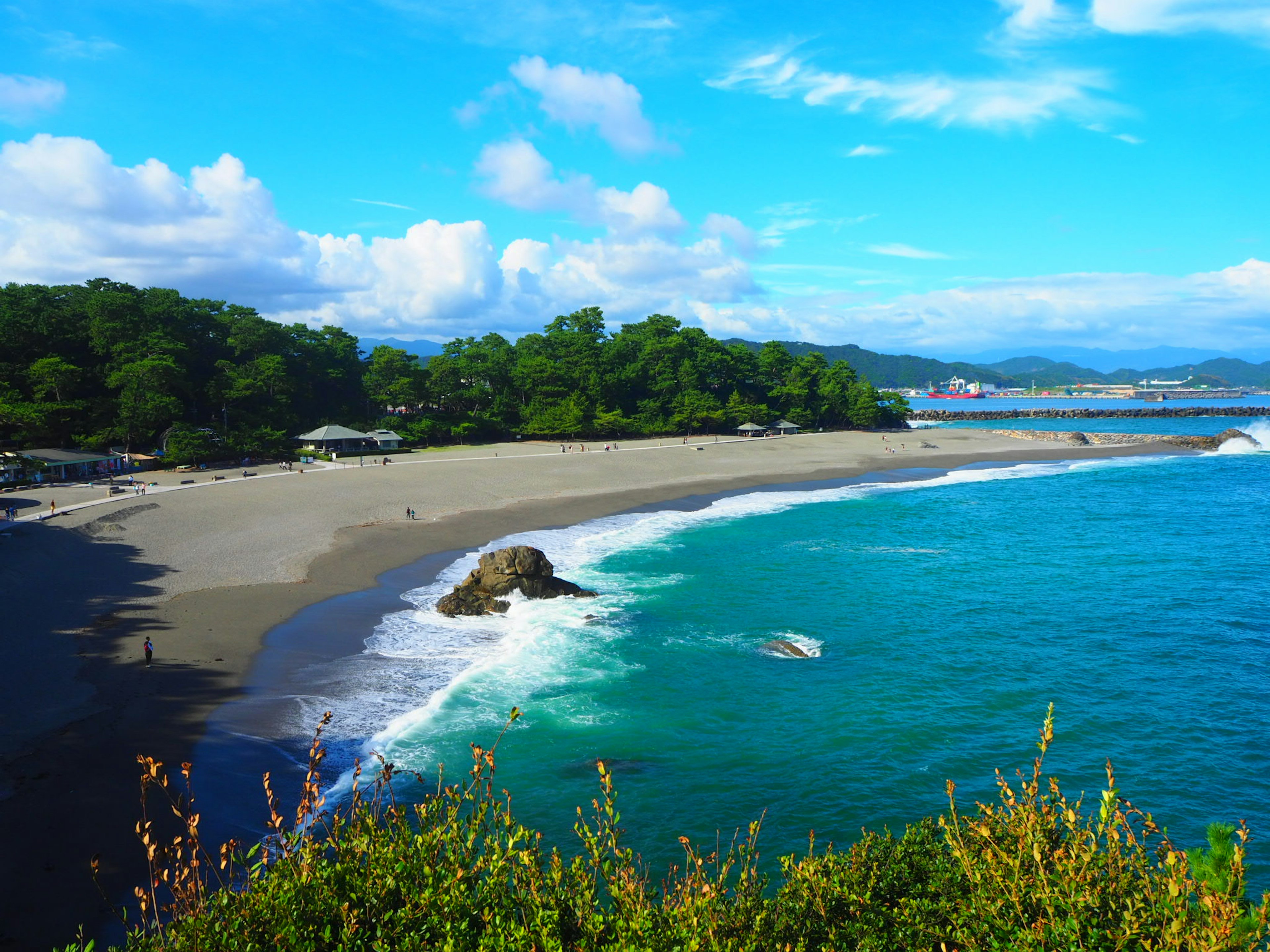 美丽海滩的风景，周围环绕着绿色树木和蓝色海洋