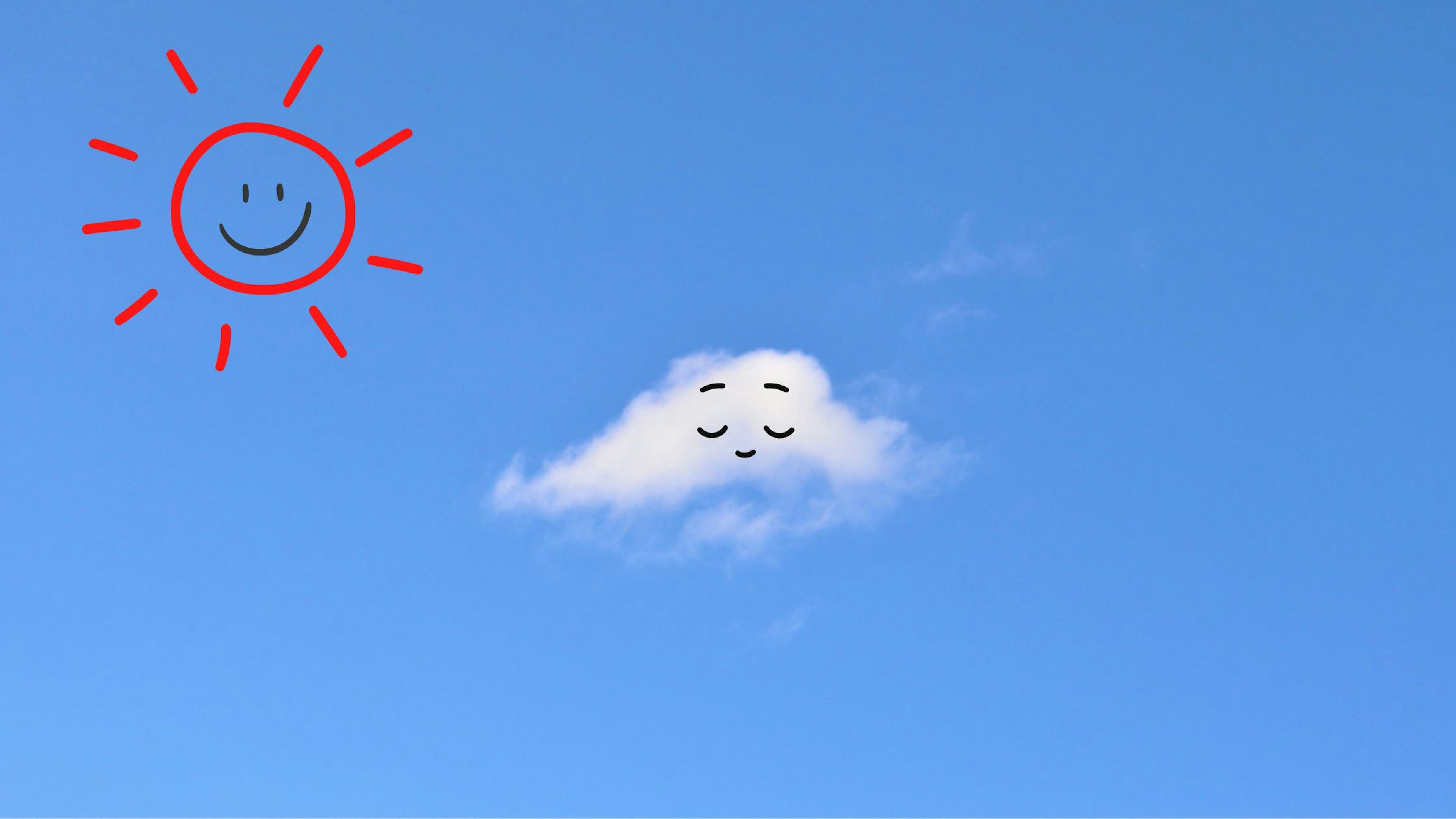 Un sol sonriente y una nube feliz en un cielo azul claro