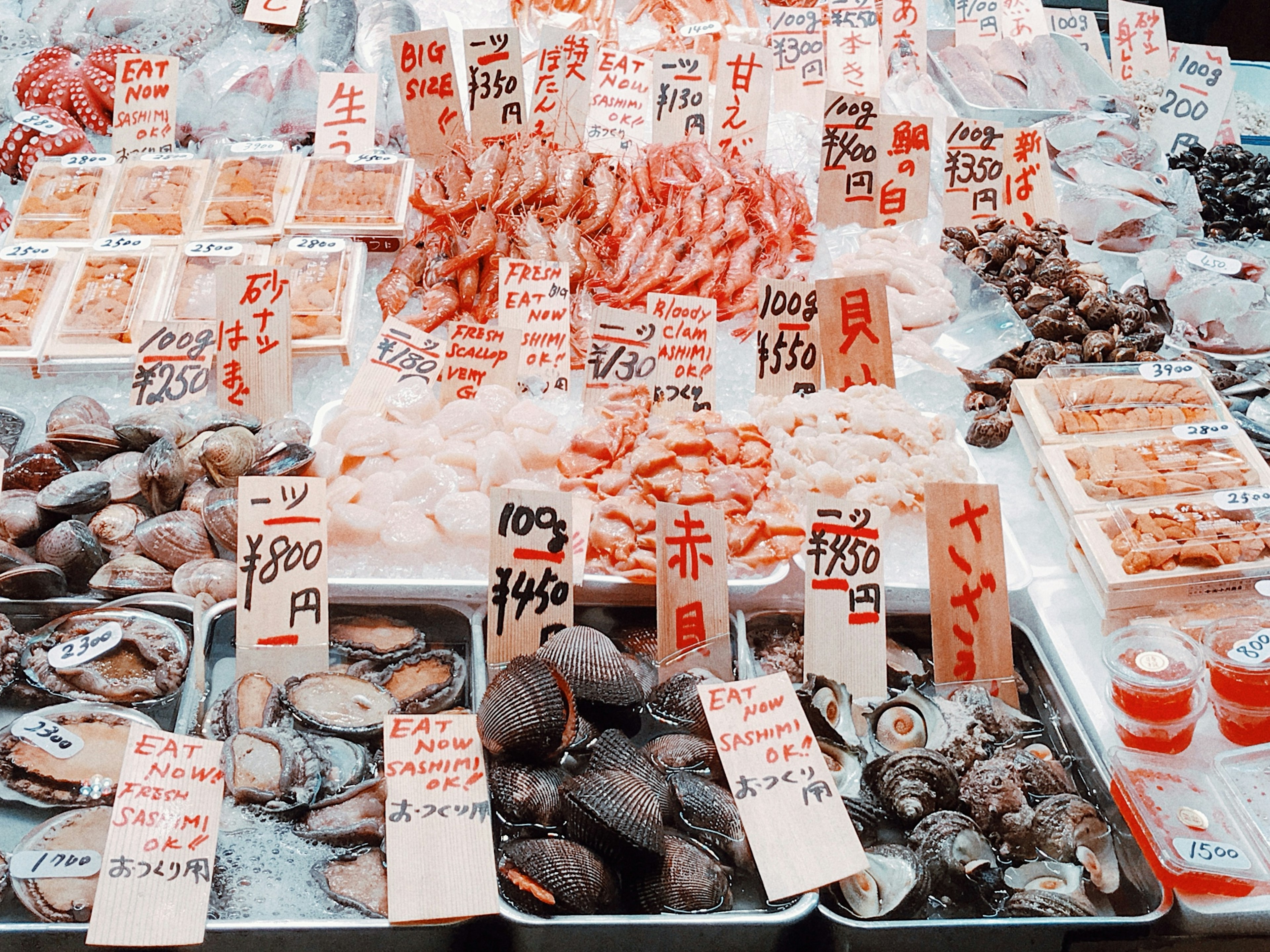 Fresh seafood displayed at a market with price tags