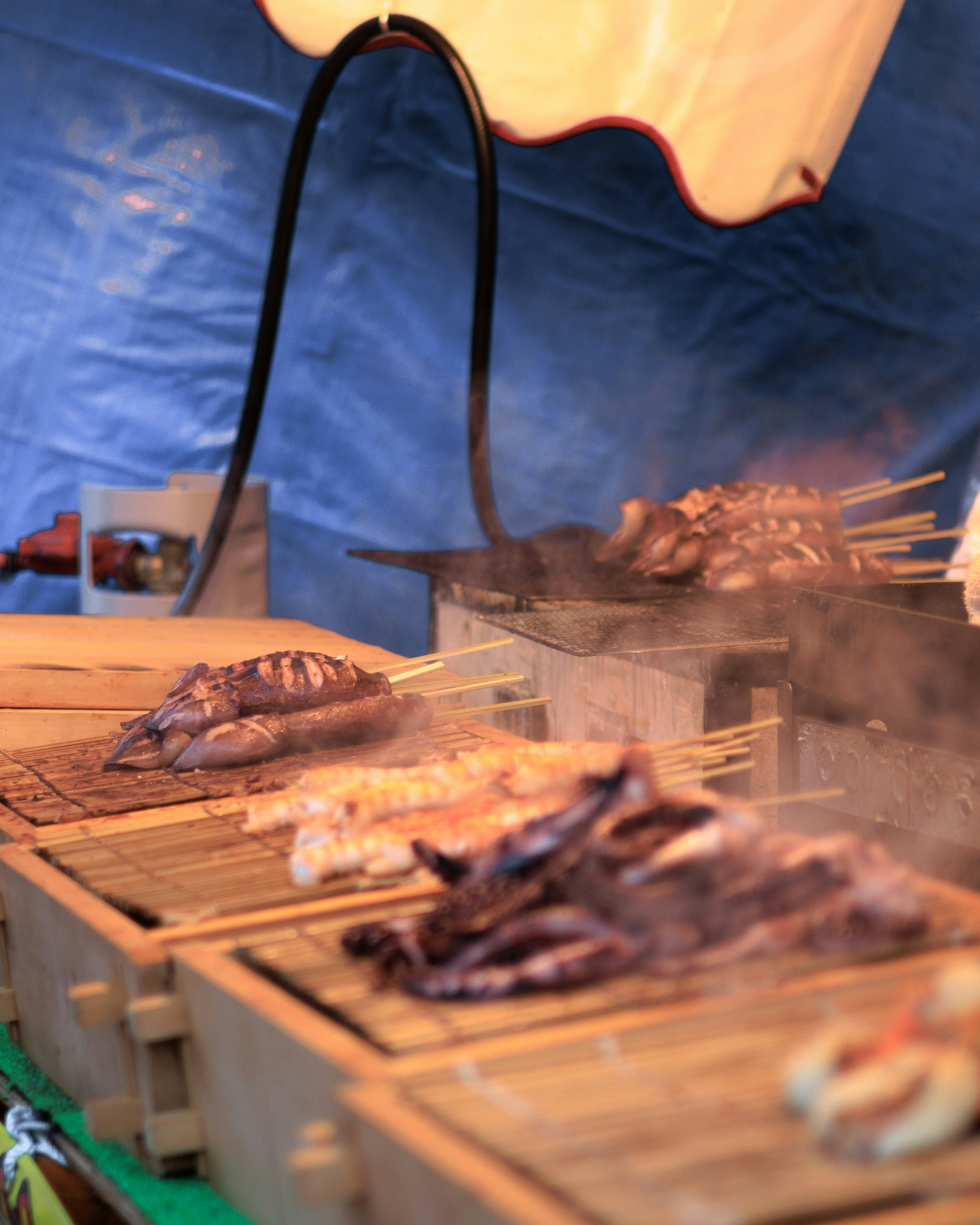 Grilled fish and meat skewers displayed at a market stall