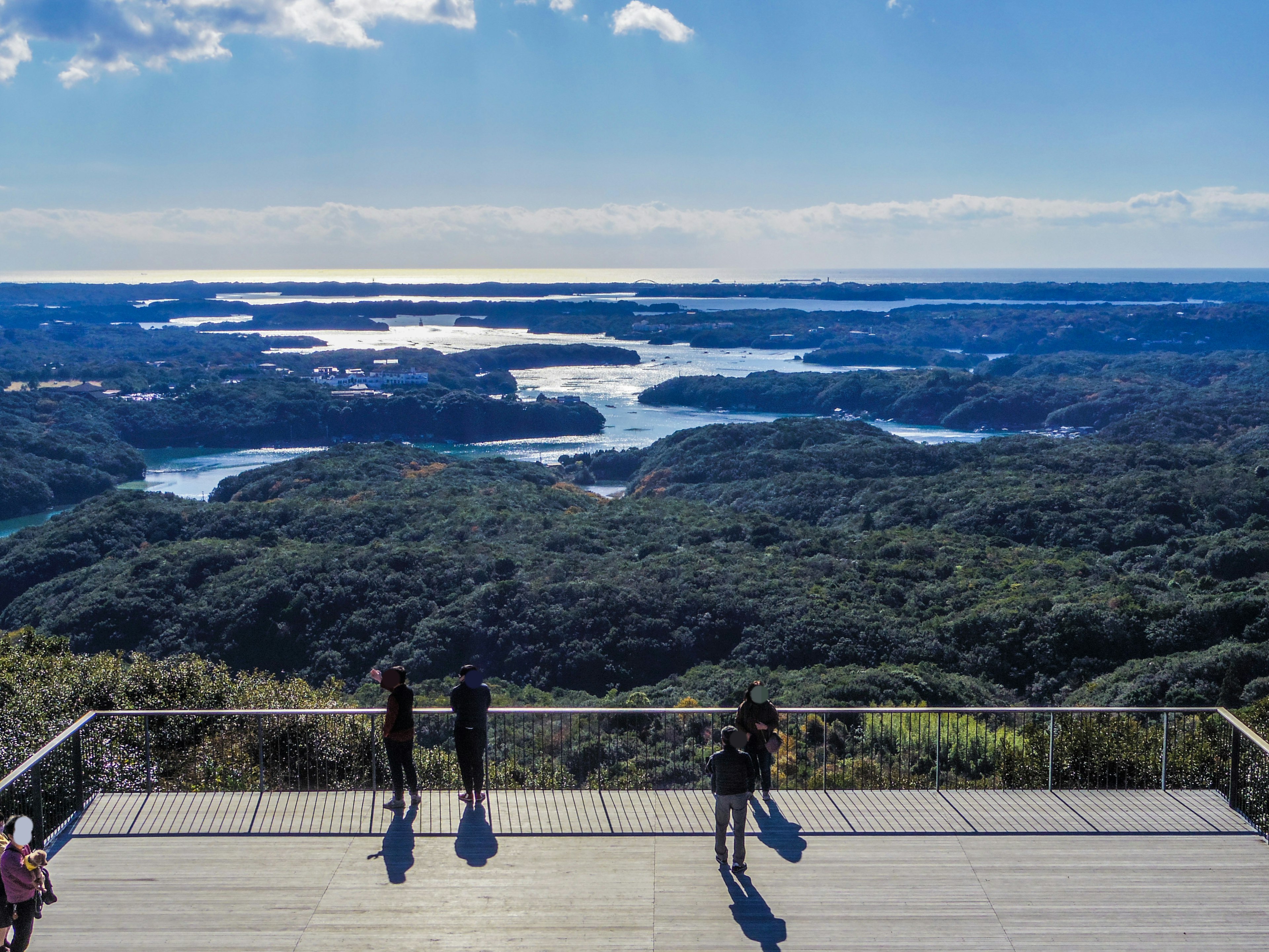 People enjoying a beautiful view of a vast green landscape and water bodies