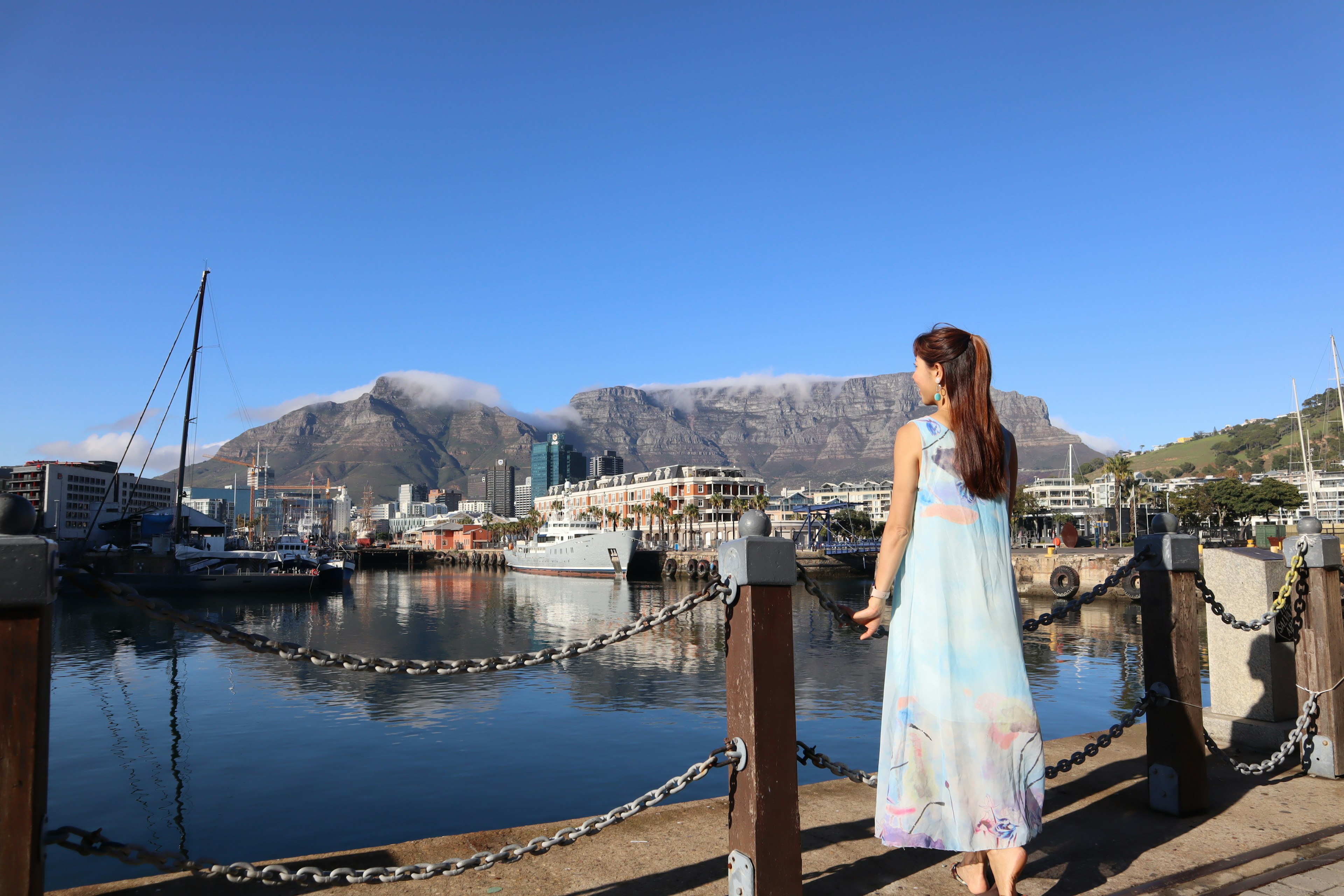 A woman standing with her back to the camera at a scenic harbor with mountains in the background