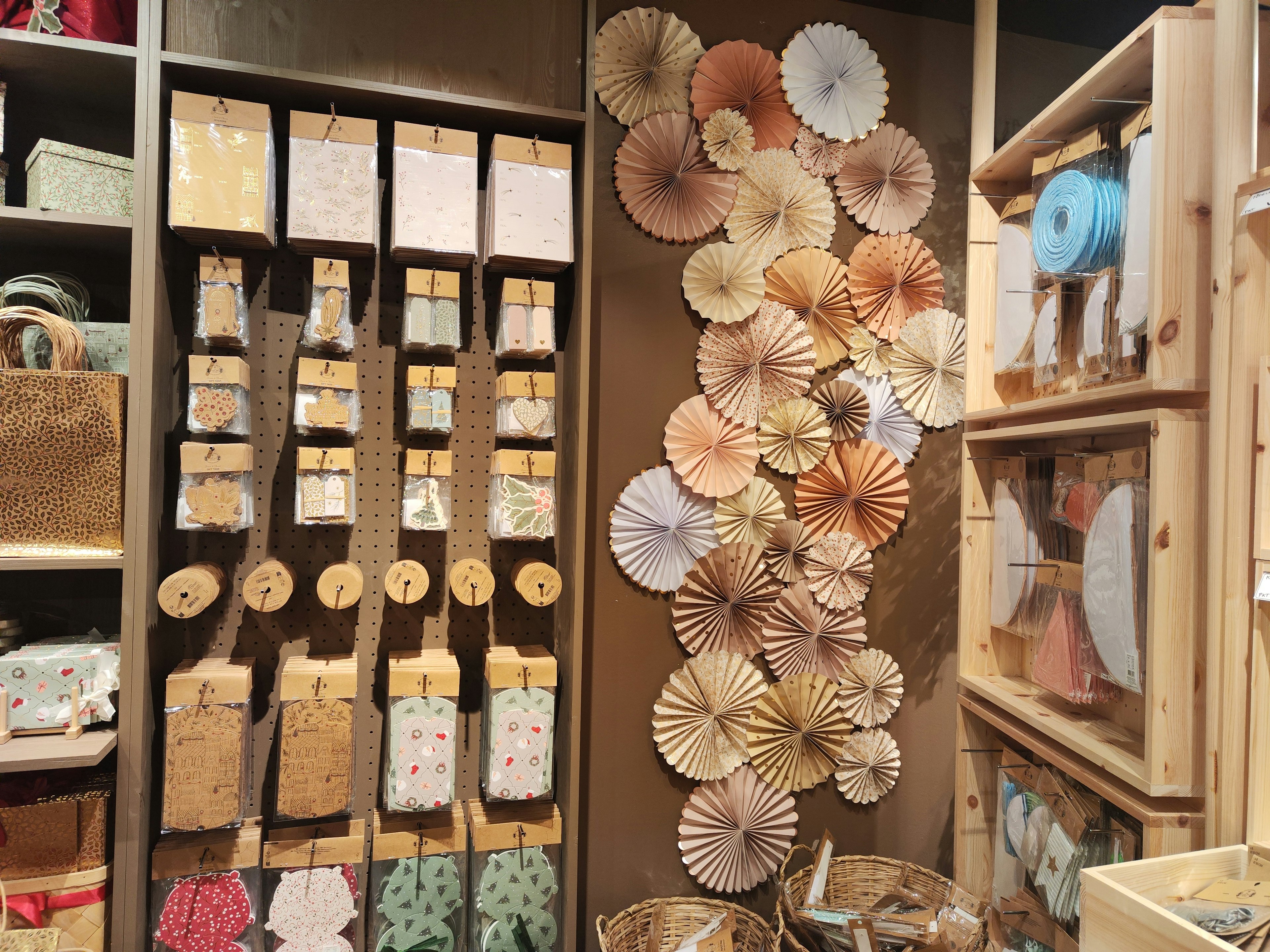 Interior corner showcasing handmade decorations and wrapping paper