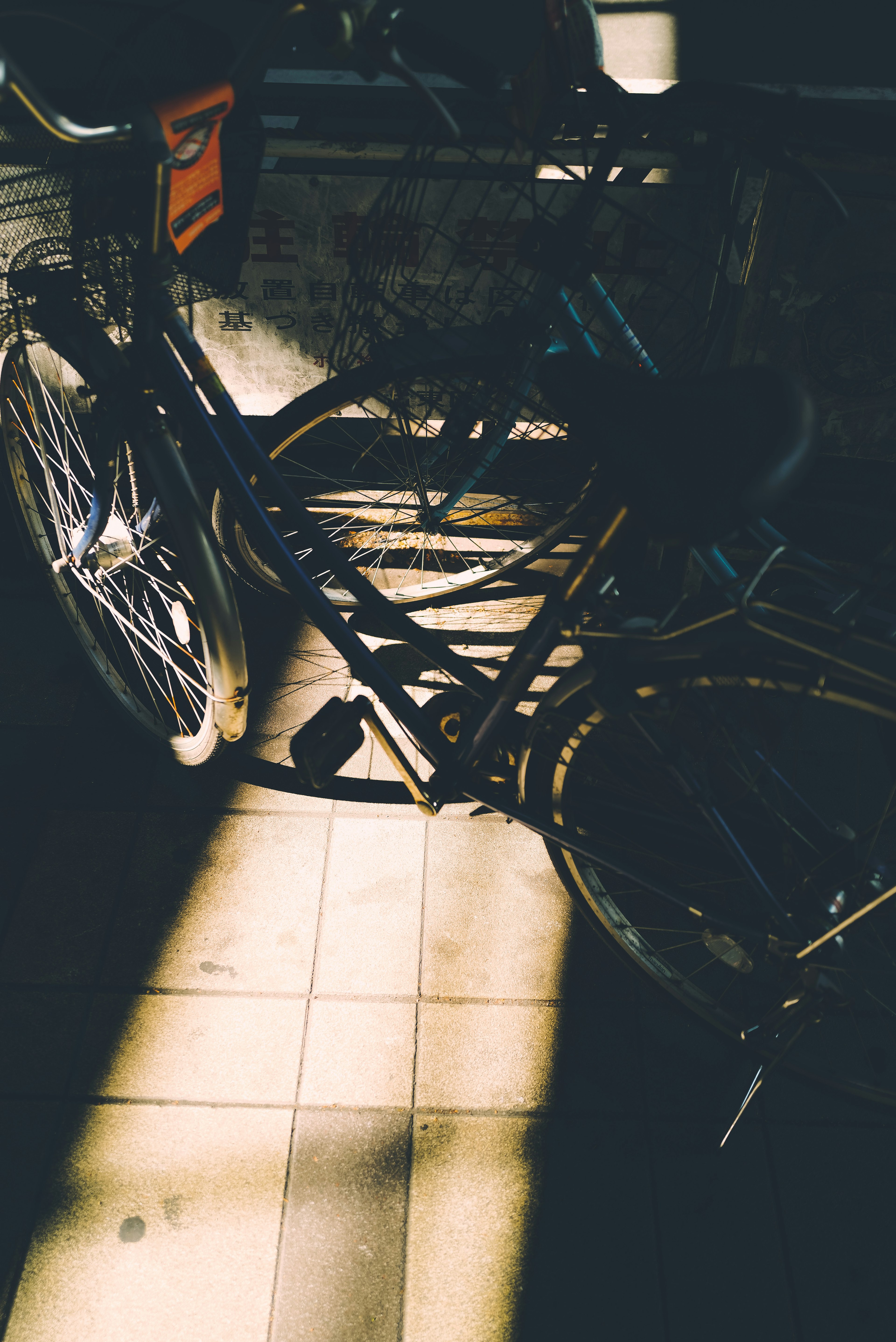 Bicycle in shadows with tiled floor