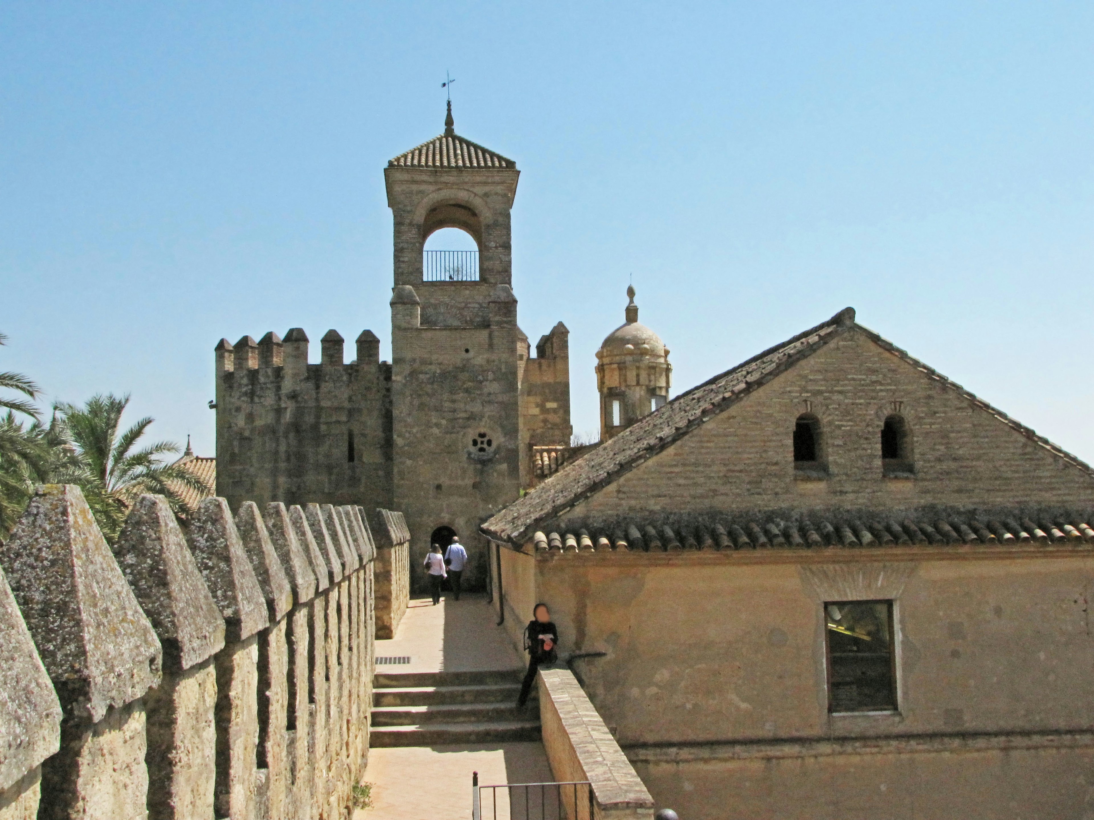 Vista di un antico edificio e di una torre dalla muraglia del castello