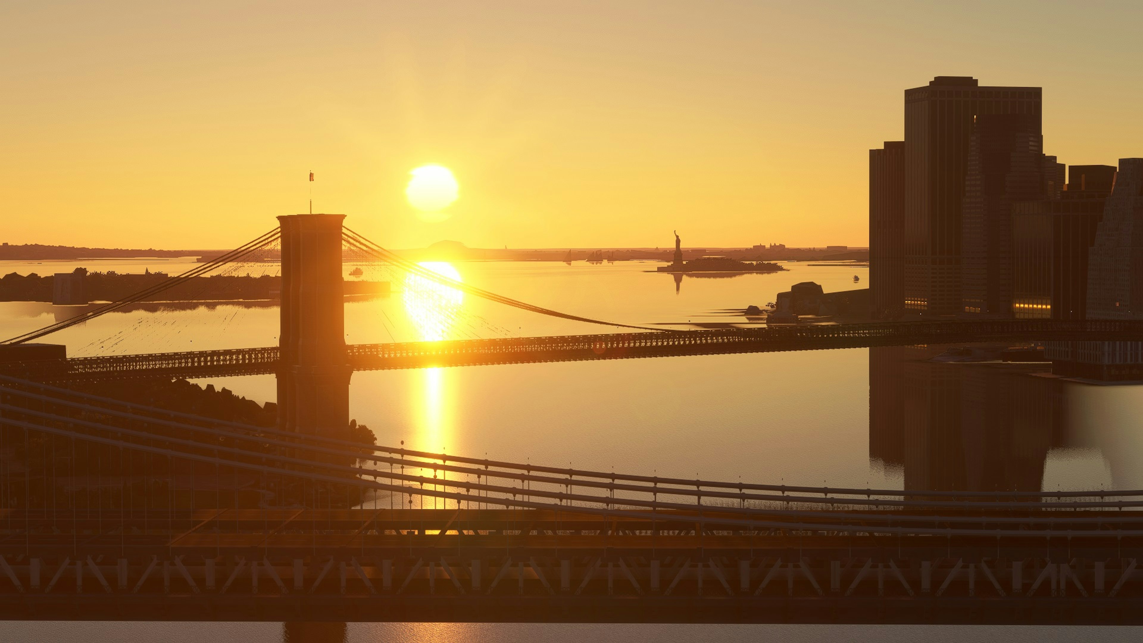 Vista al atardecer con un puente y la silueta de la ciudad reflejada en el agua