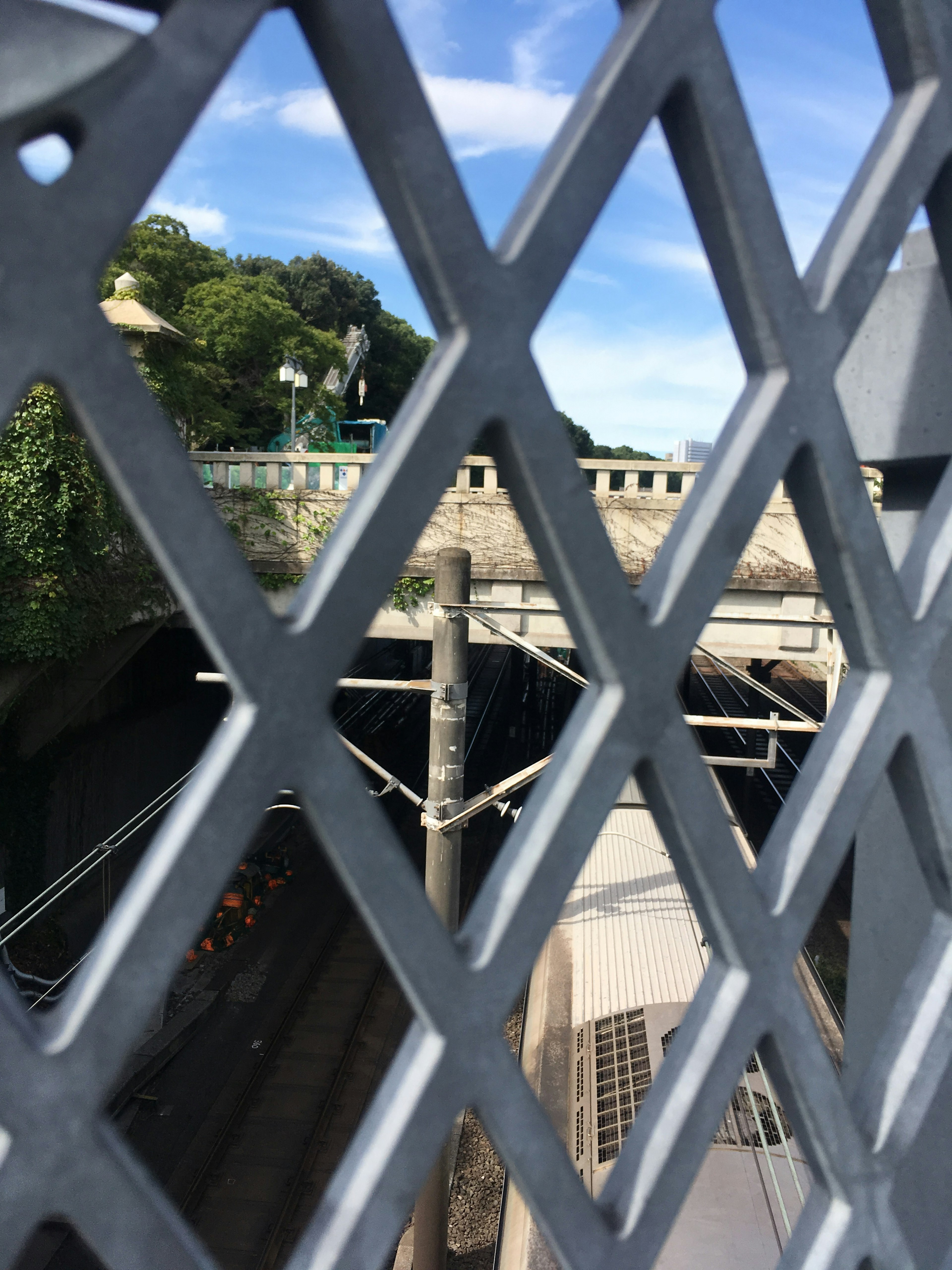 View of railway tracks and background scenery through a metal fence