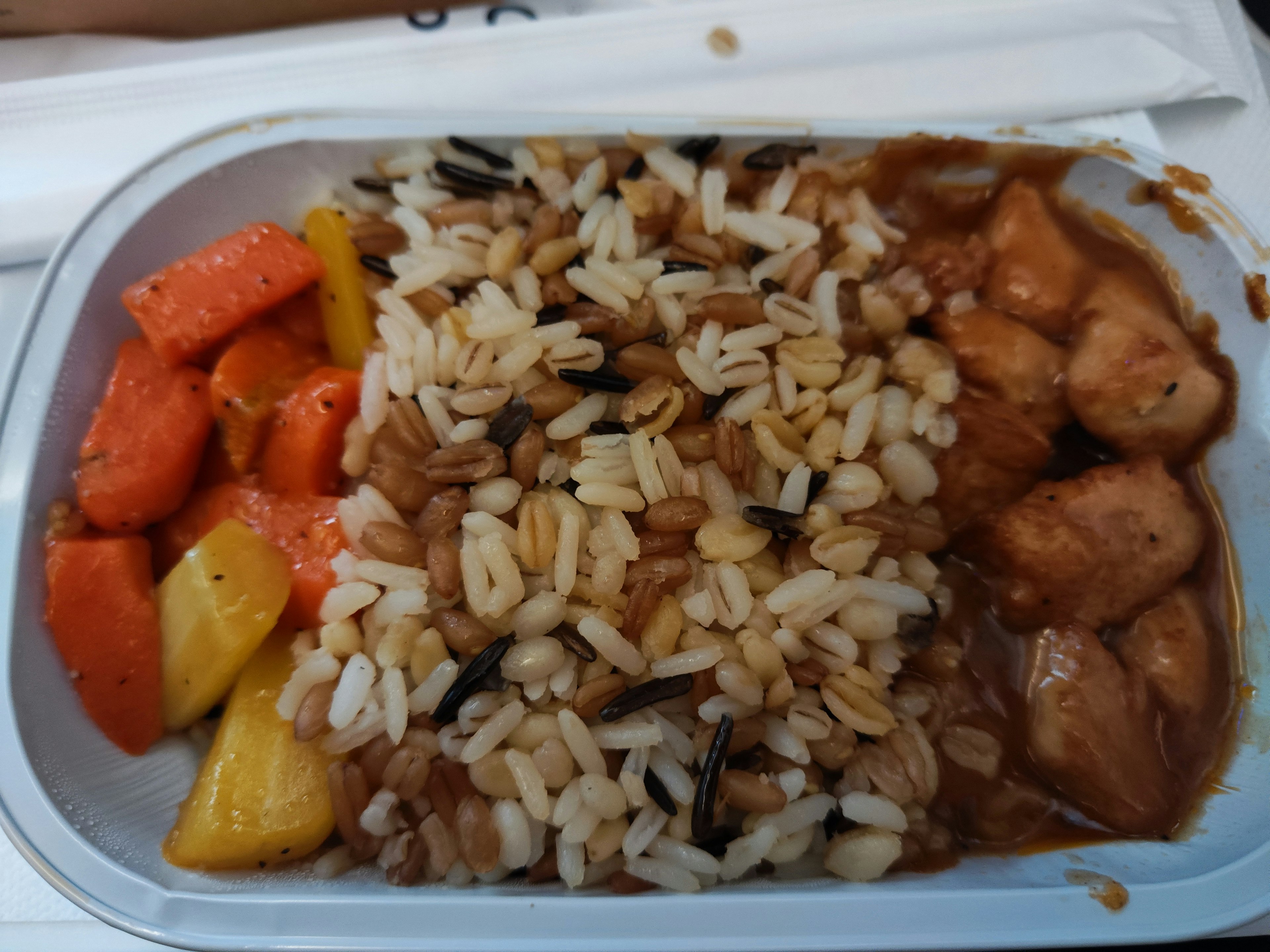 A meal tray featuring chicken in brown sauce with rice and mixed vegetables including carrots and squash