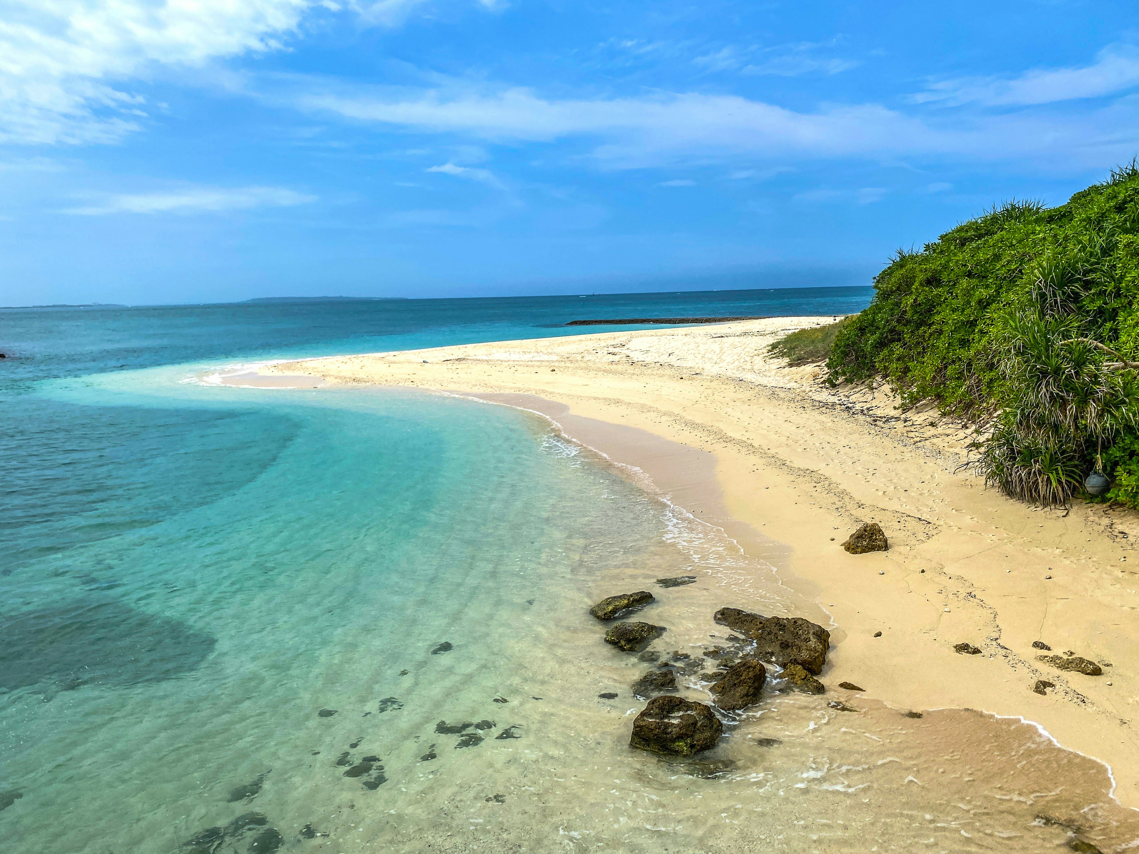 Malersiche Strandszene mit klarem türkisfarbenem Wasser und sandigem Ufer umgeben von Grün