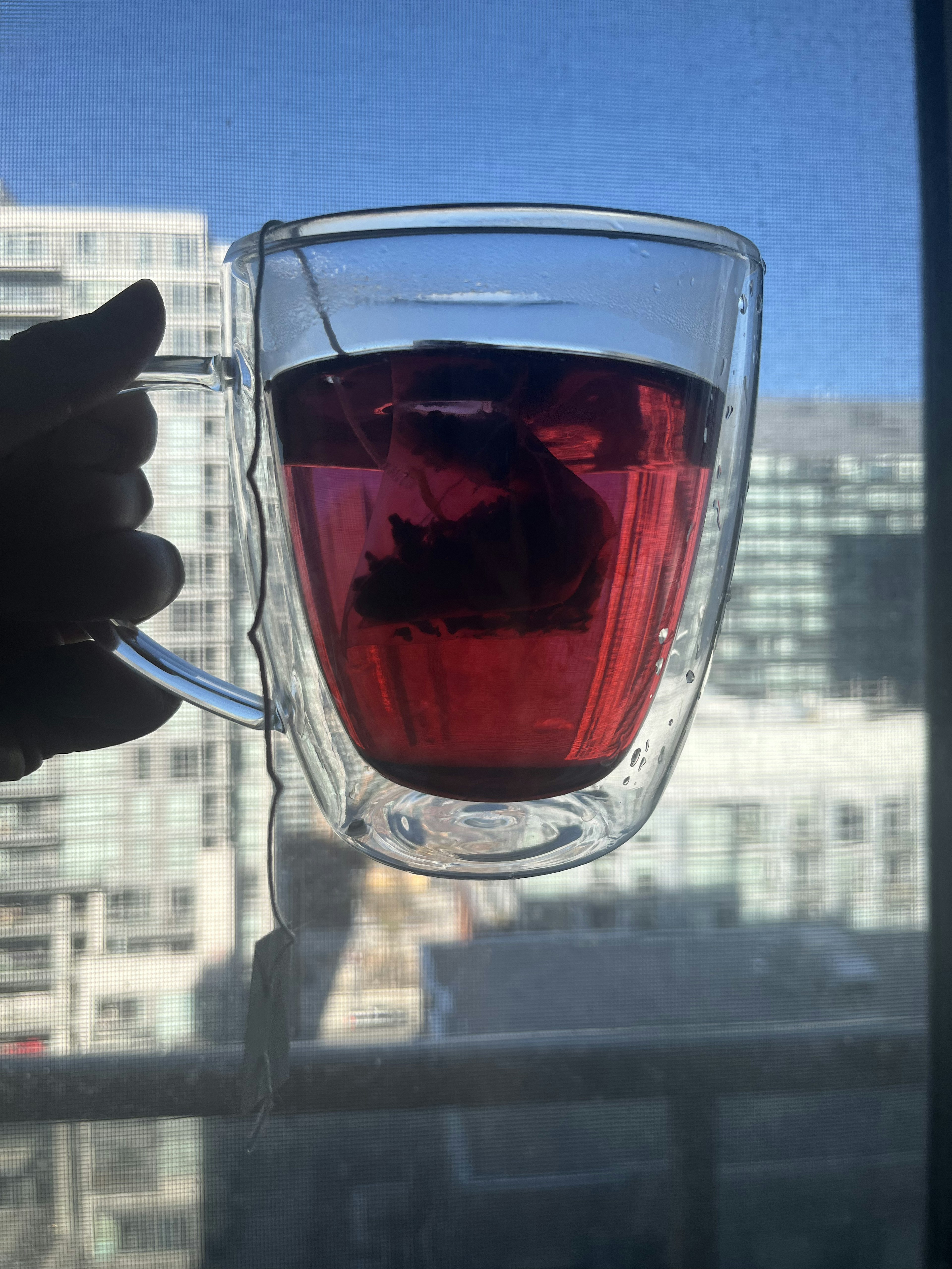 Transparent cup with red drink and city buildings in the background