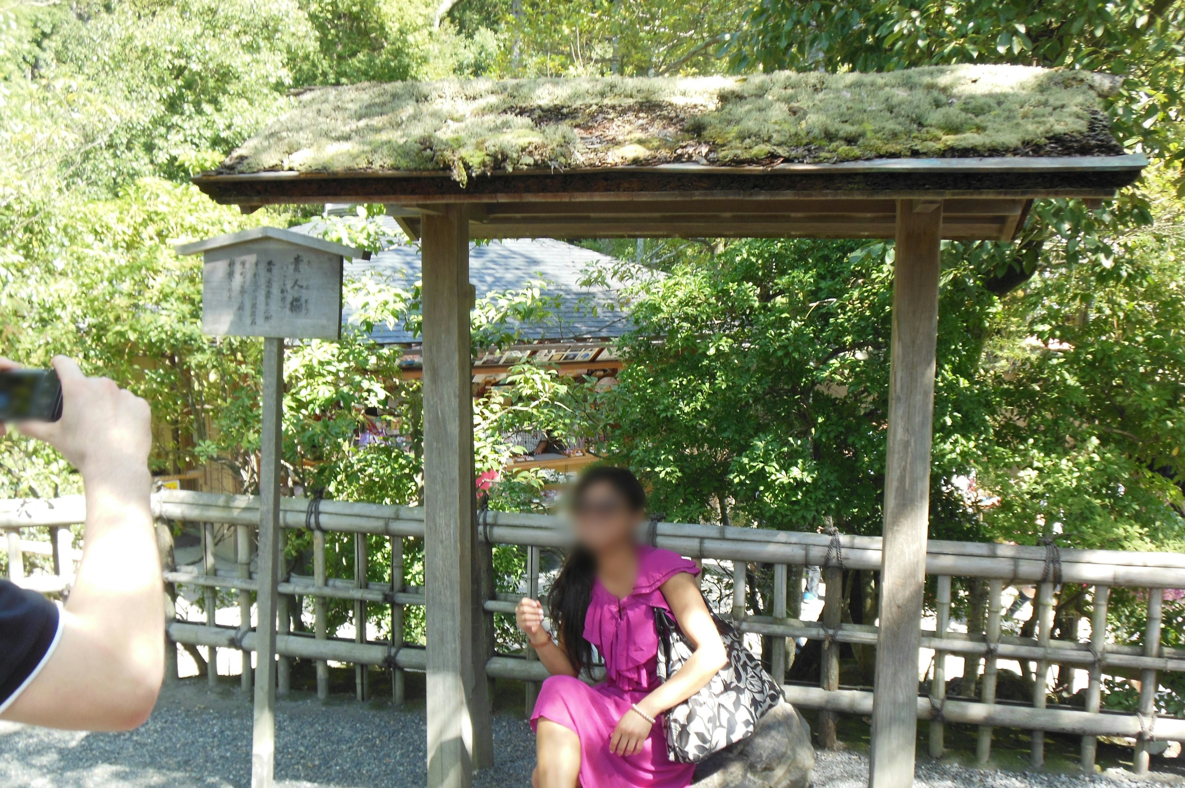 A bus stop-like structure surrounded by greenery with a woman in a pink dress