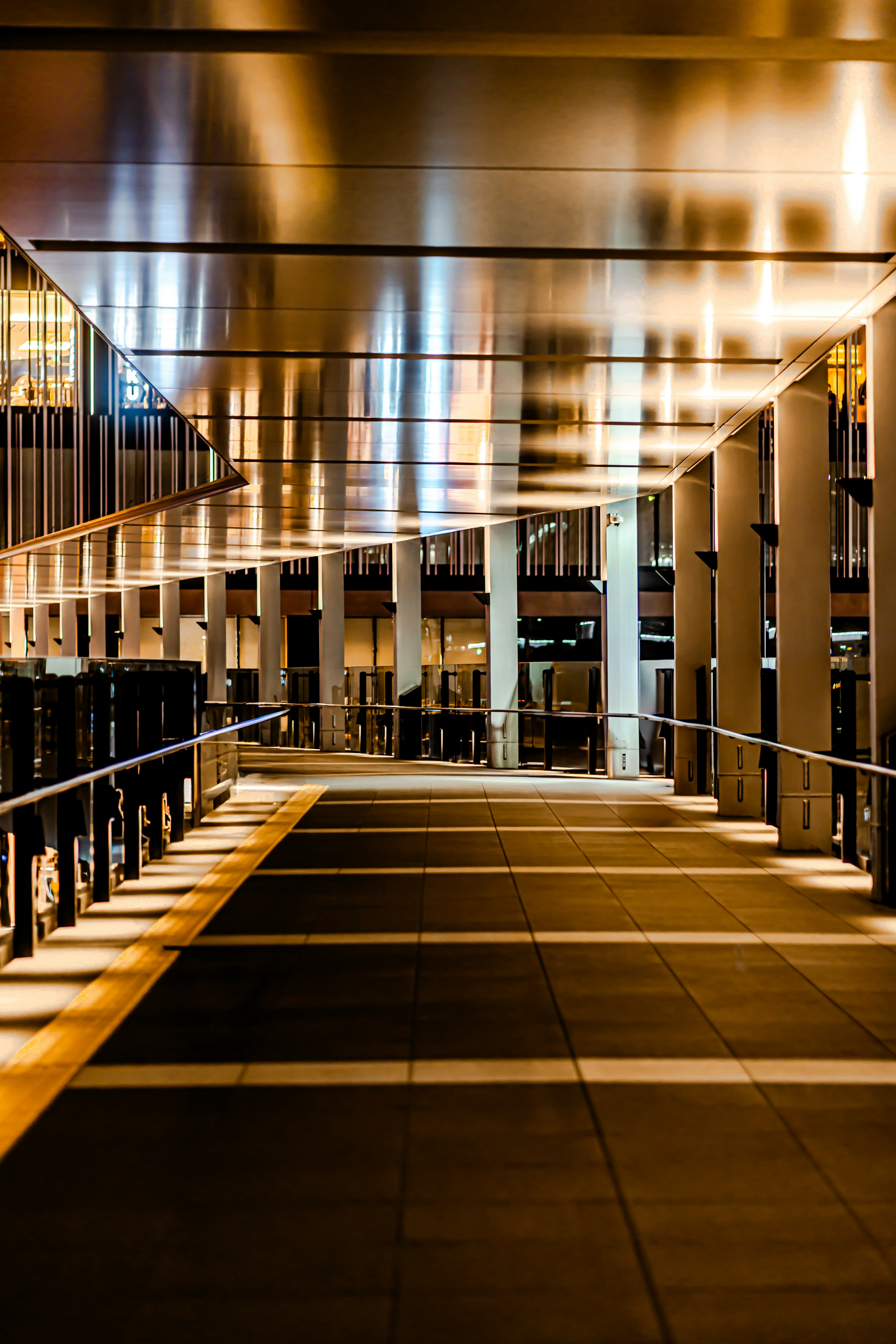 Couloir intérieur moderne d'un bâtiment avec éclat métallique et design linéaire