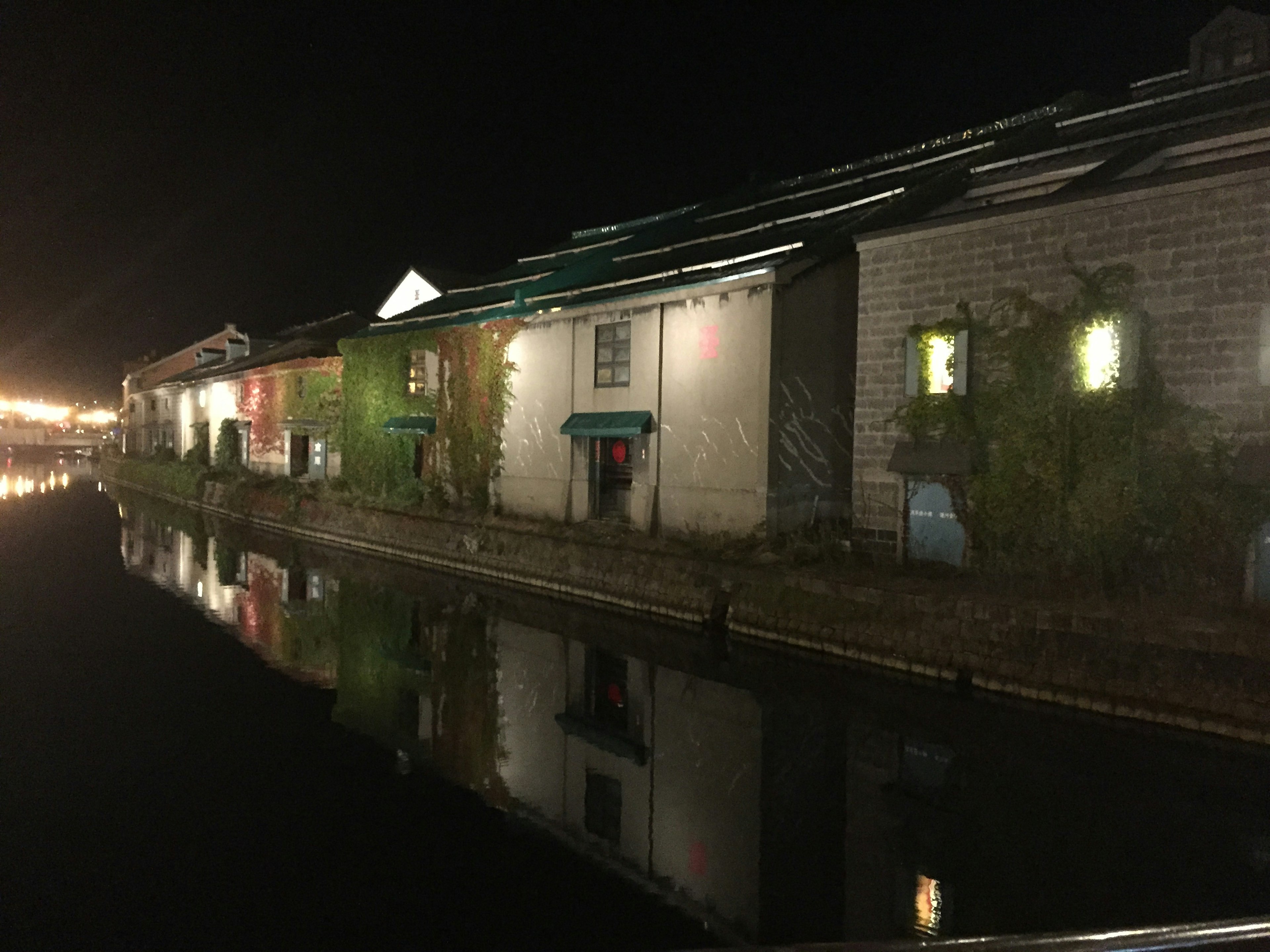 Edifici storici lungo un canale di notte con riflessi