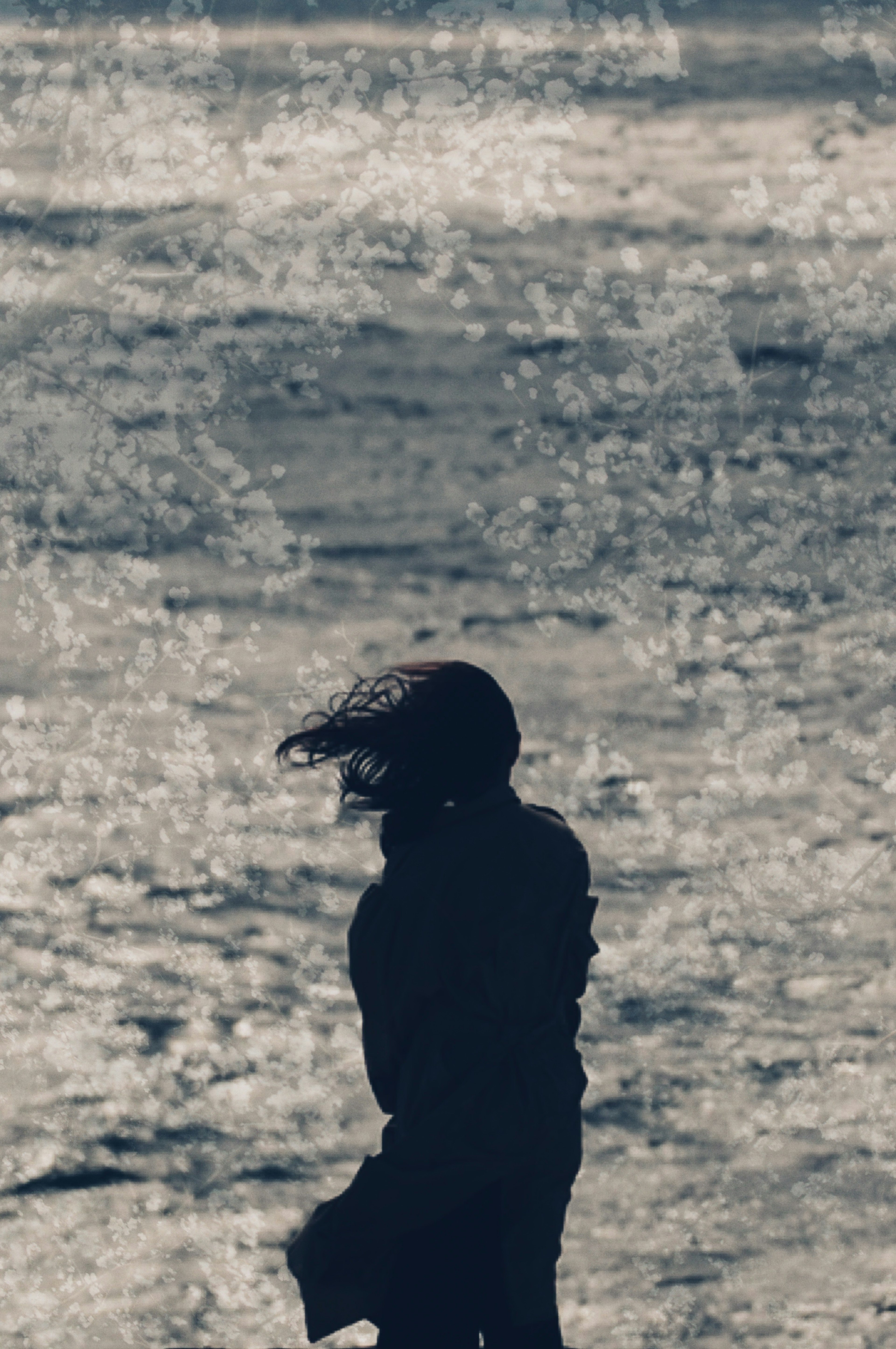 Silhouette di una persona in piedi vicino al mare con i capelli che soffiano nel vento