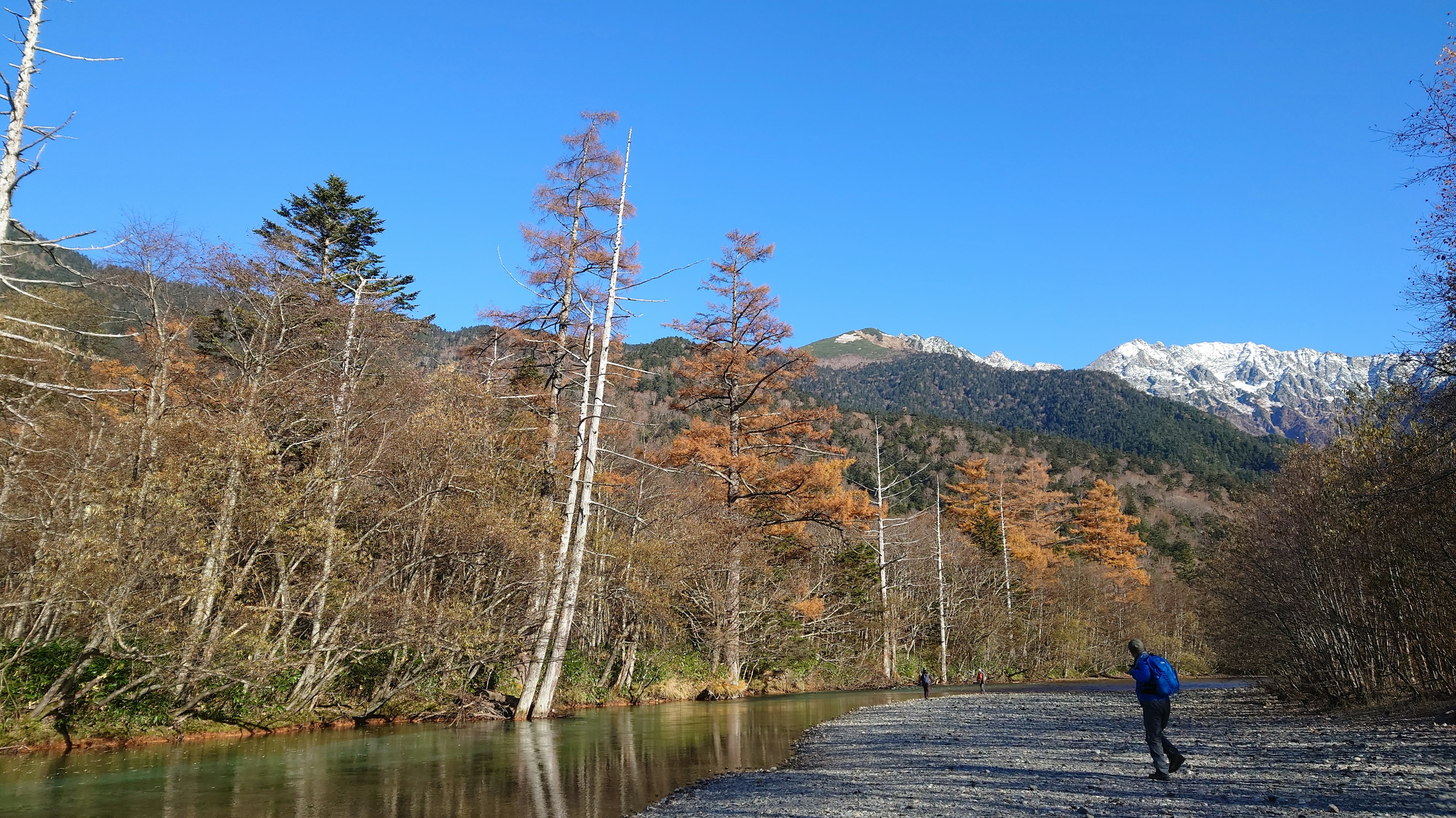 Scenic riverside view with blue sky and autumn trees