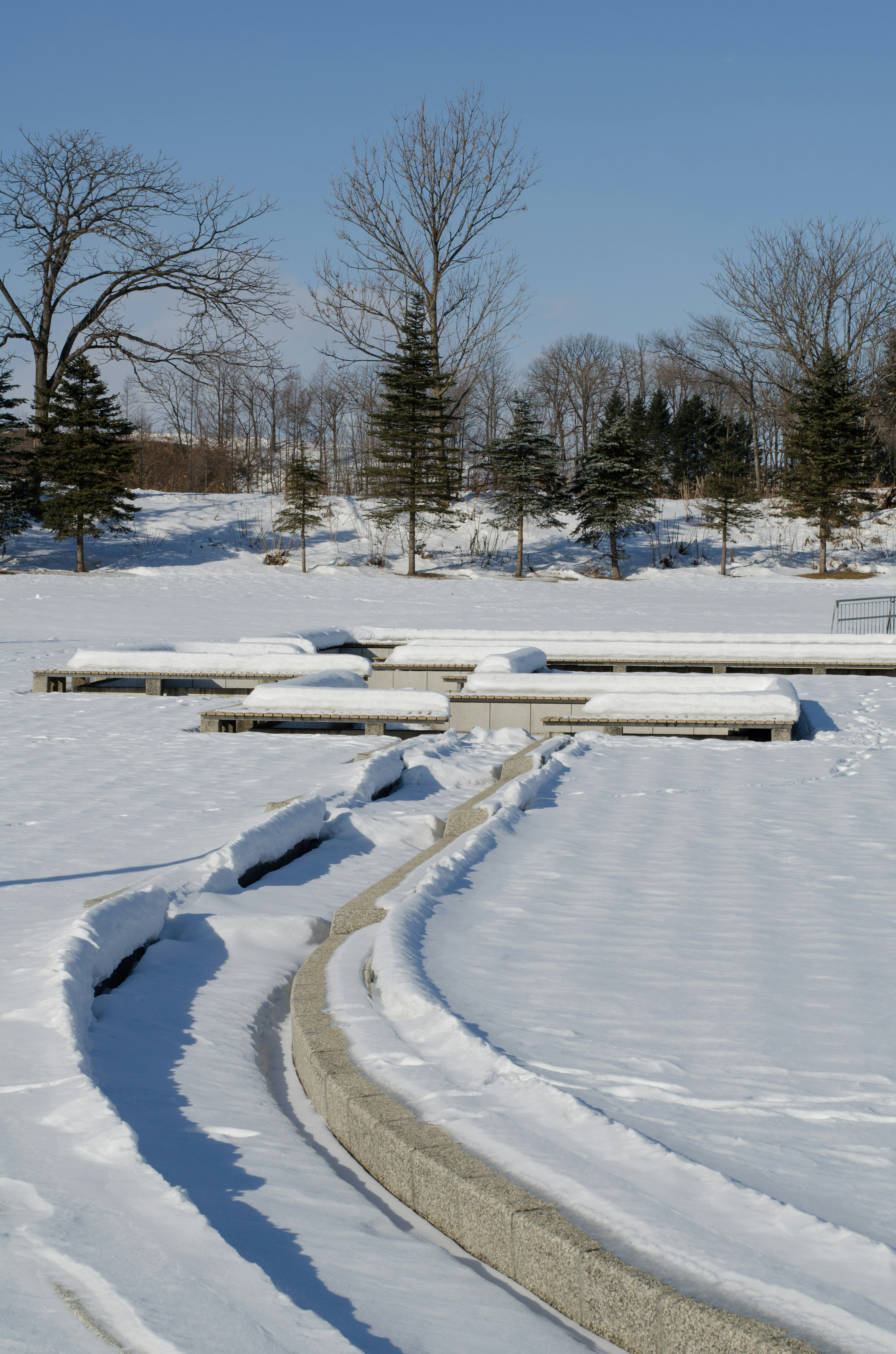 Snow-covered landscape with a winding path and trees