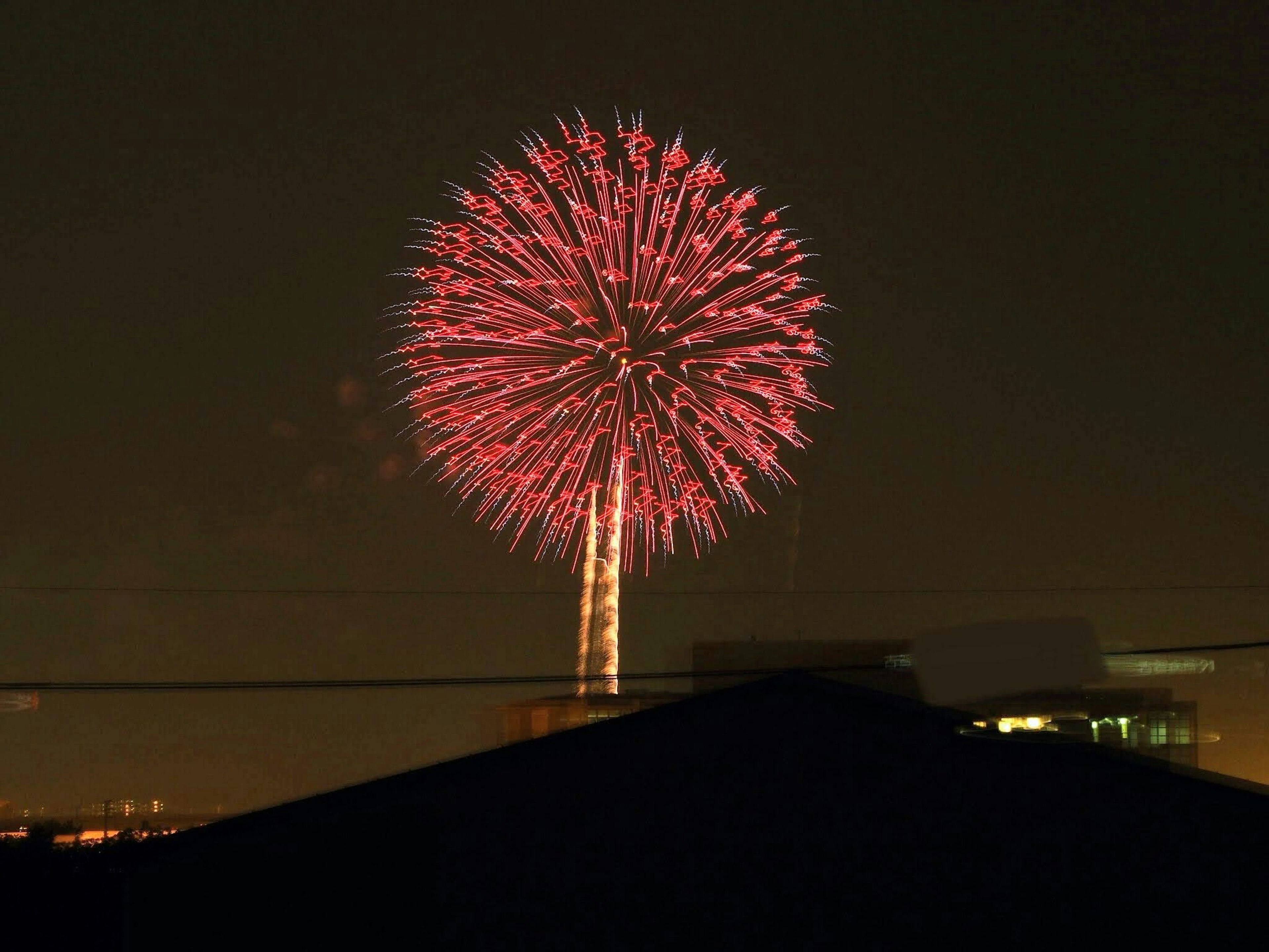 夜空に咲く大きなピンクの花火が映る