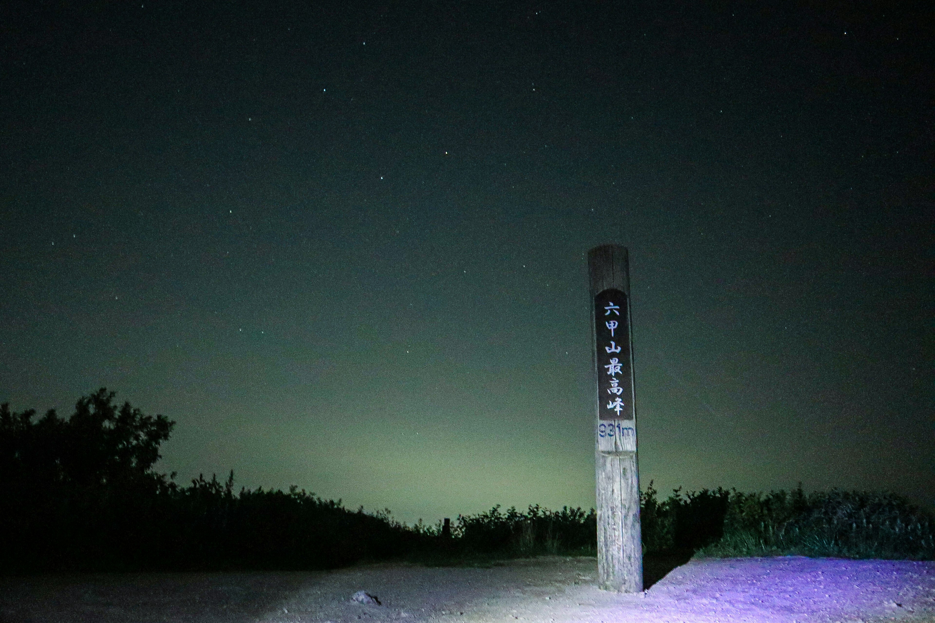 Palo di legno sotto un cielo stellato con erba circostante