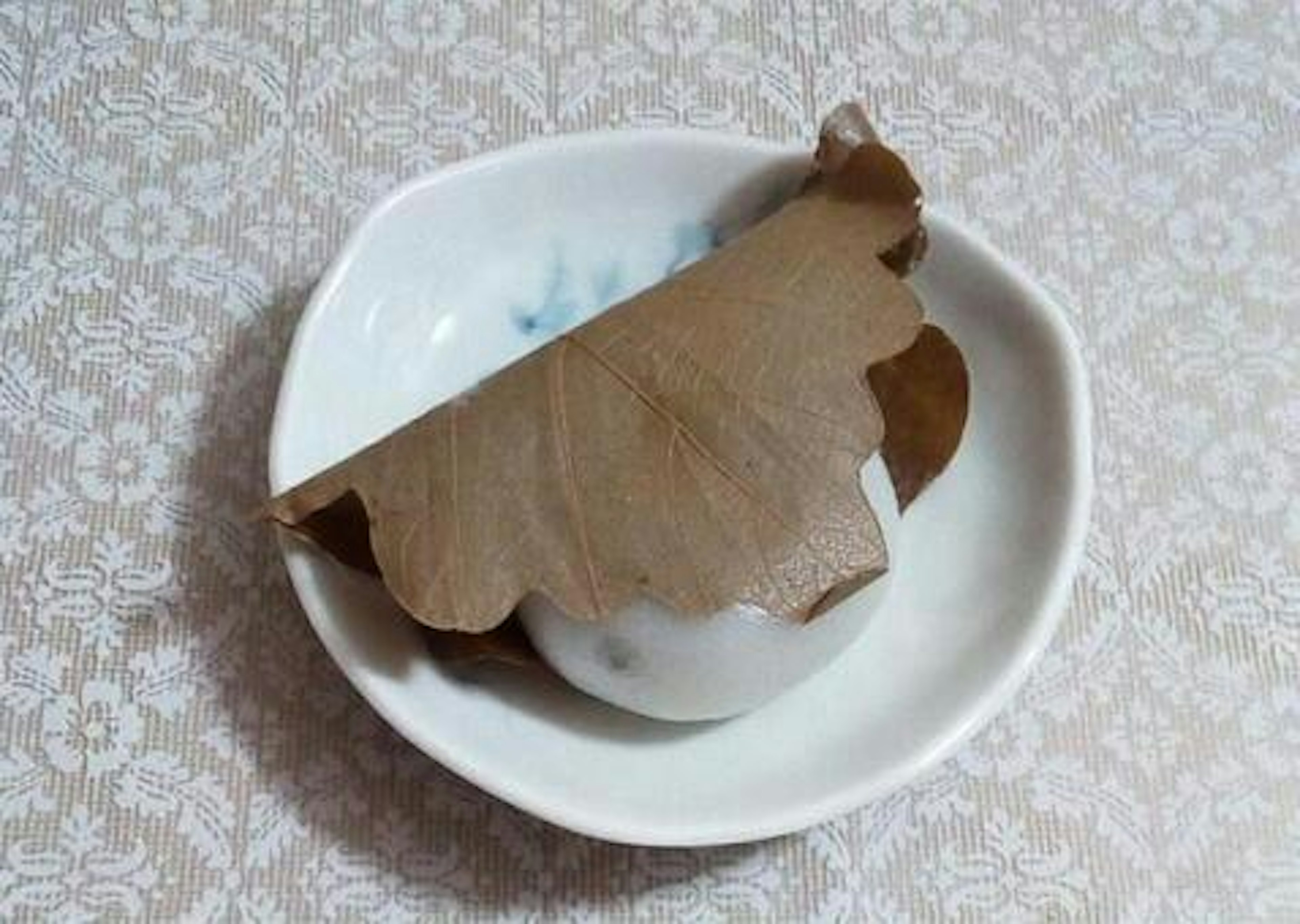 A small dish covered with a brown leaf on a white plate