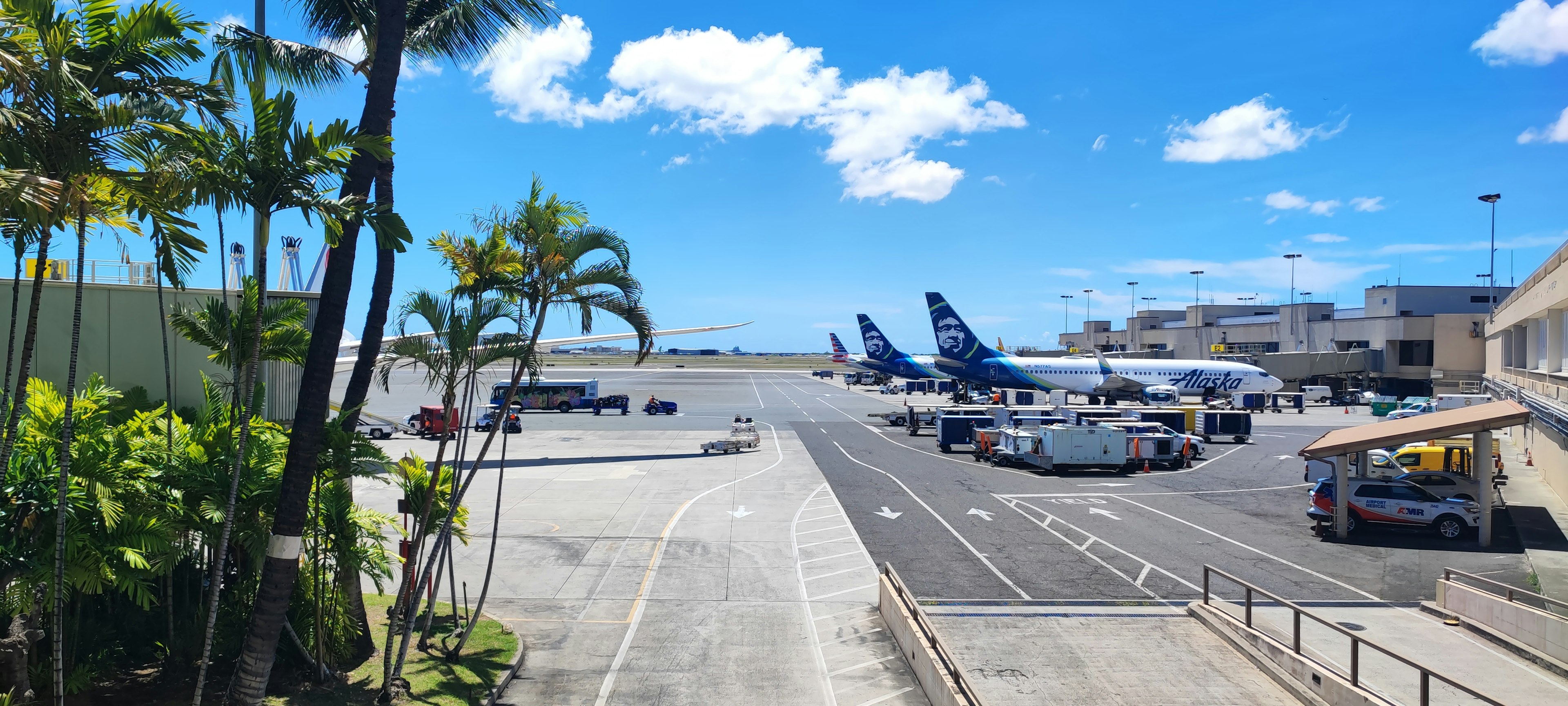 Escena de aeropuerto con cielo azul y aviones estacionados con palmeras y estacionamiento