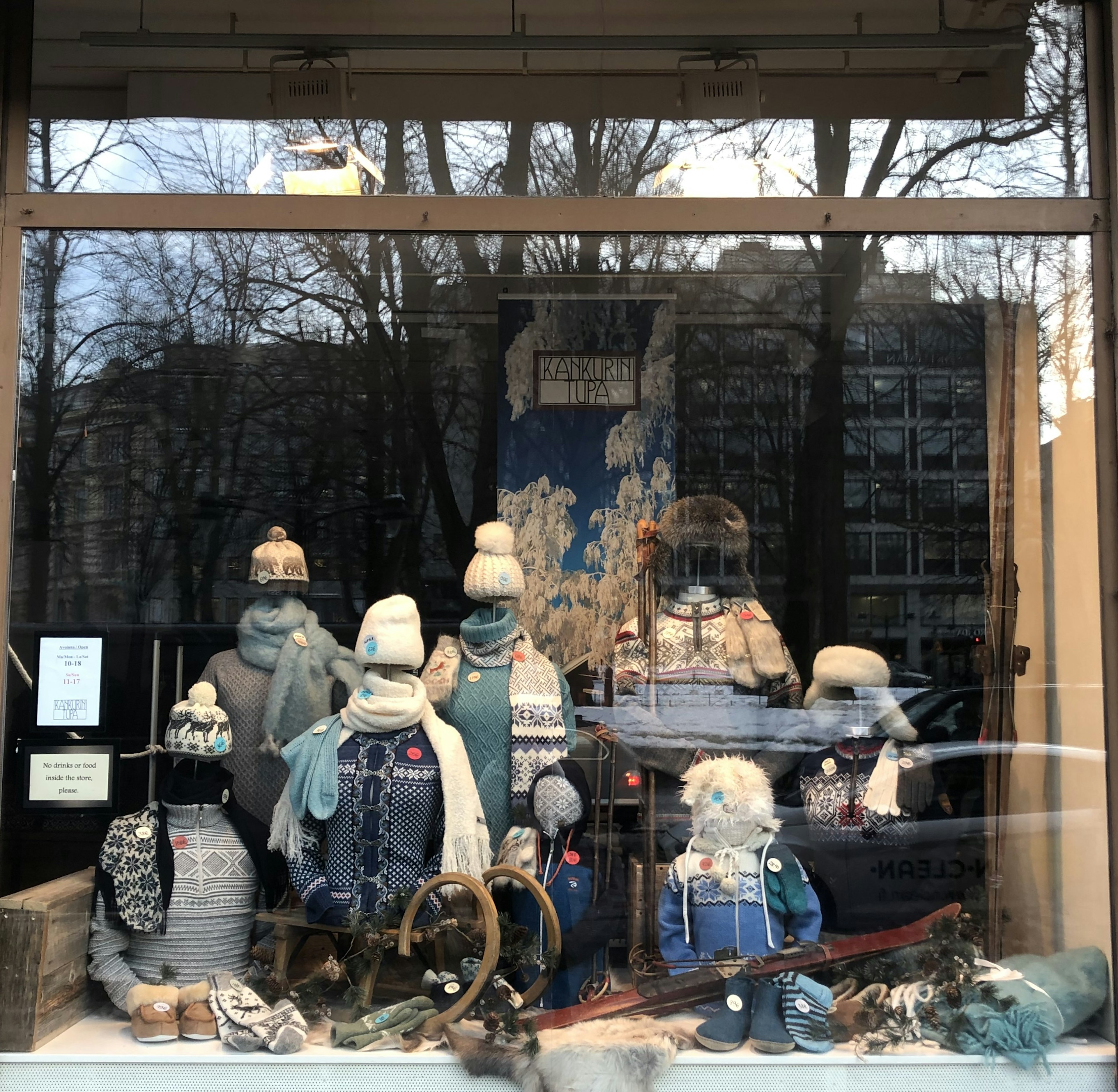 Window display featuring winter clothing and accessories