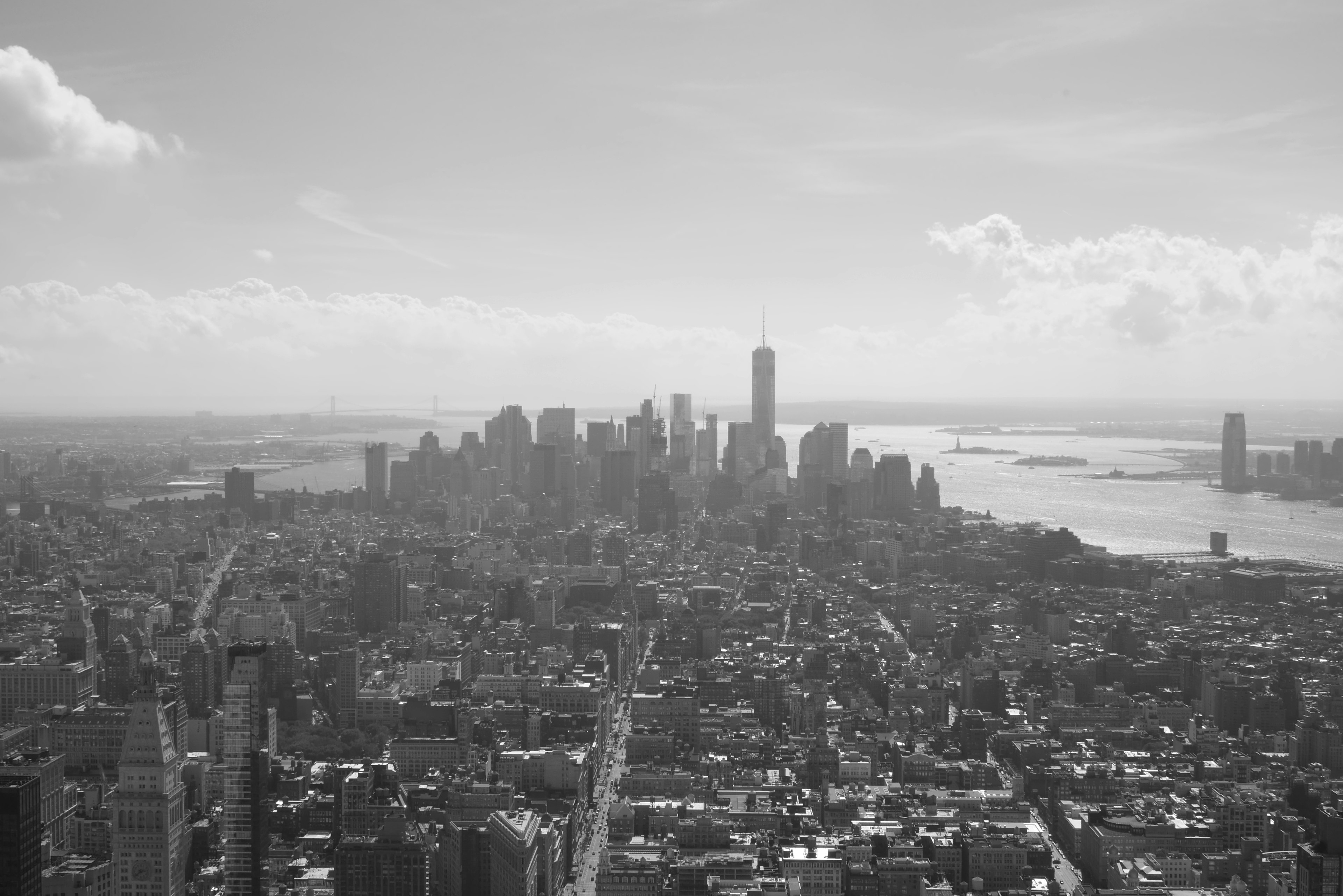 Paisaje urbano en blanco y negro con rascacielos y vista lejana del agua