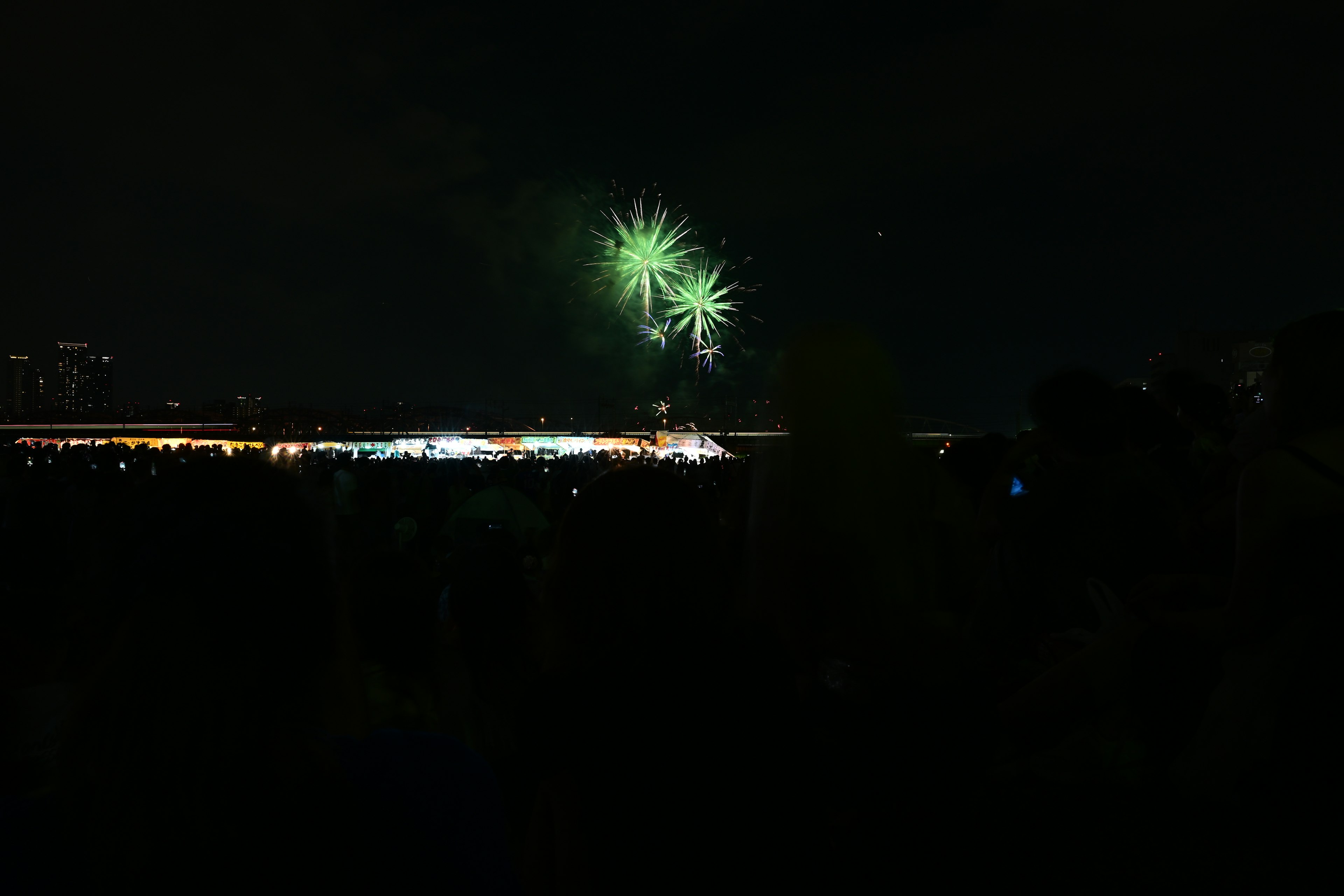 Green fireworks bursting in the night sky with silhouettes of spectators