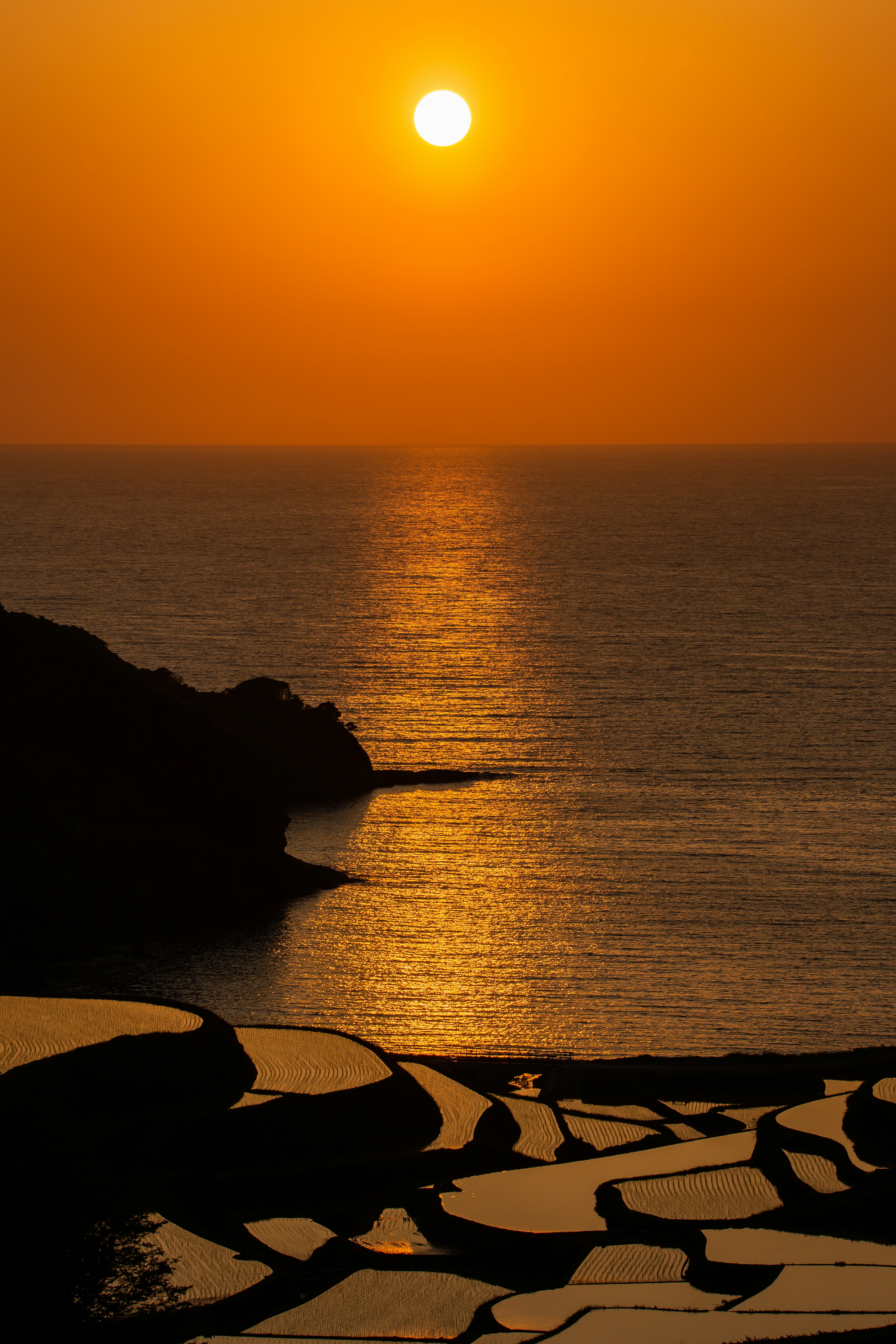 Wunderschöner Sonnenuntergang über dem Meer mit Reflexionen in den Terrassenreisfeldern