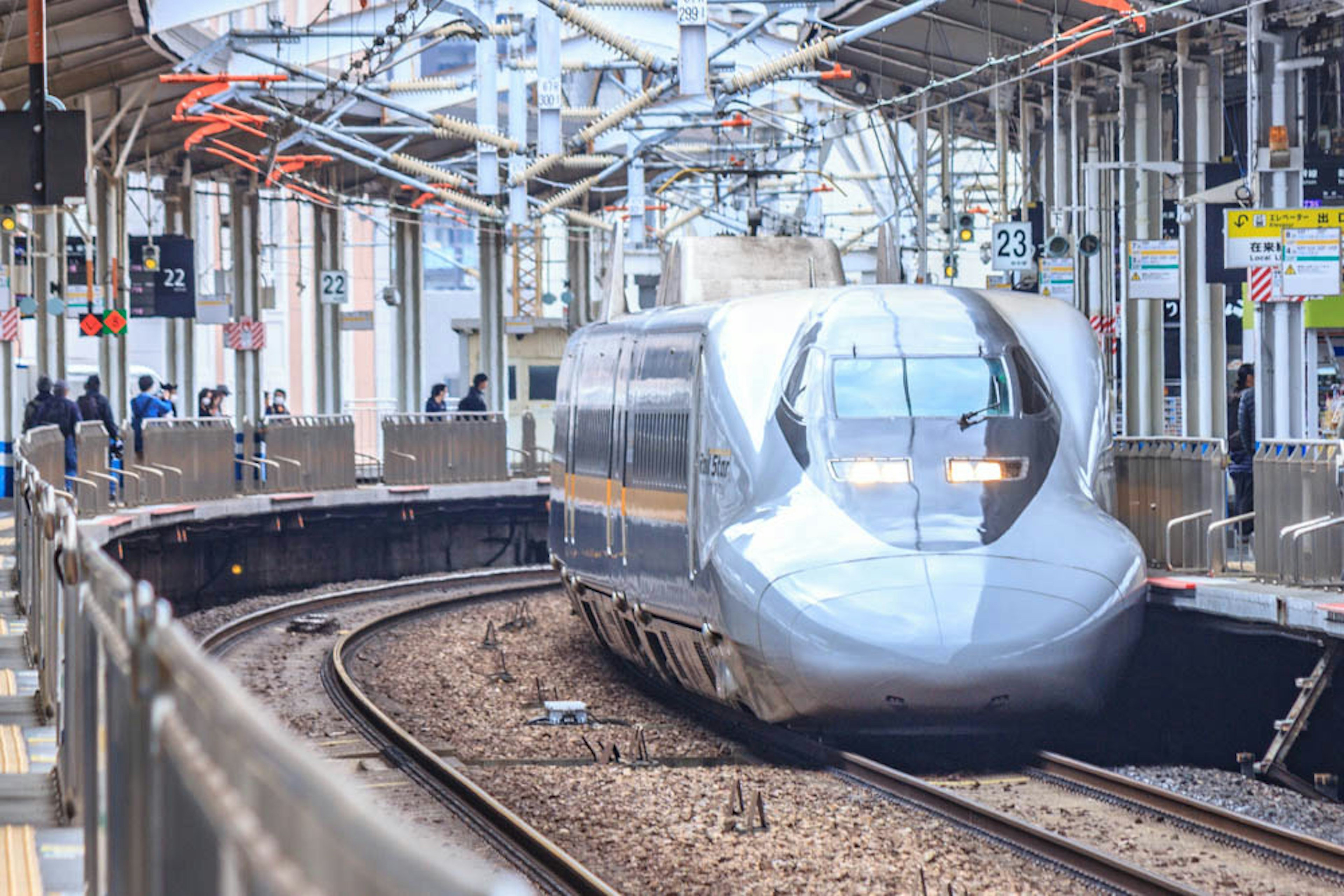 新幹線が駅に入る様子 鉄道の線路と乗客